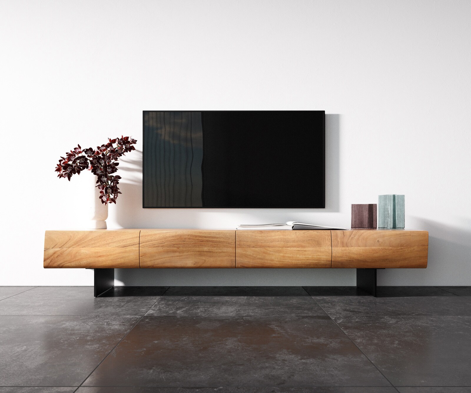 Szafka RTV New Live-Edge 200 cm akacja naturalna 4 drzwi nóżki wąskie czarny metal 3