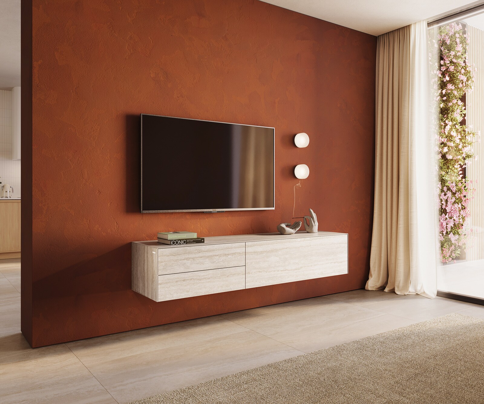 Szafka RTV Cuor 180 cm ceramika Laminam® Travertino Bianco kremowo-biała 1 klapa 2 szuflady podwieszana