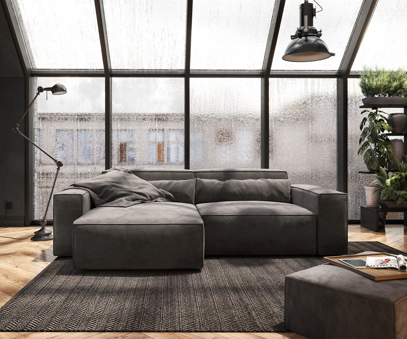 Sofa narożna Sirpio 230x155 cm mikrofibra khaki-brązowa szezlong z możliwością obustronnego montażu z pufem 2