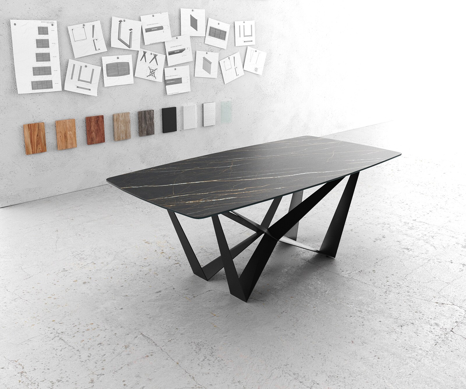 Stół do jadalni Edge kształt beczki 200x100cm ceramika Laminam® Noir Desir brązowy rama Spider metal czarna