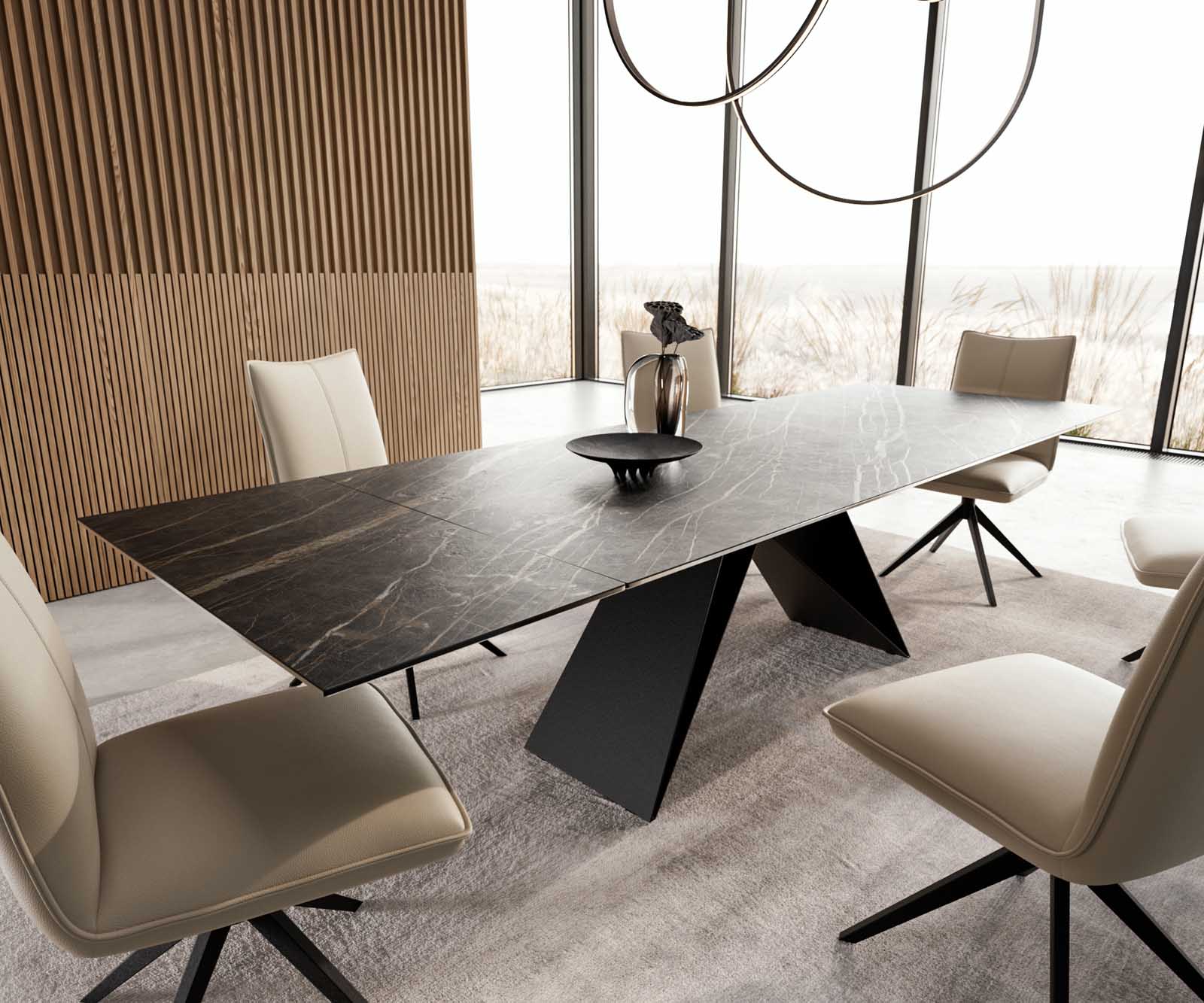 Stół do jadalni Edge 200-300x100 cm ceramika Laminam® Noir Desir brązowy rama V metal czarna rozkładany