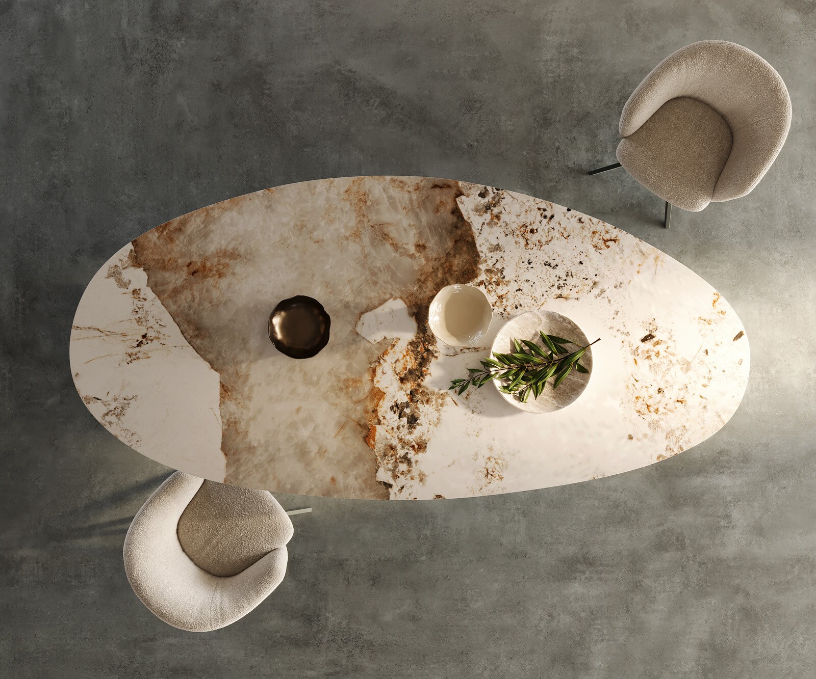 Stół do jadalni Edge owalny 280x130cm ceramika Minas Melange biało-beżowy rama Estelar metal kolor tytanowy 4