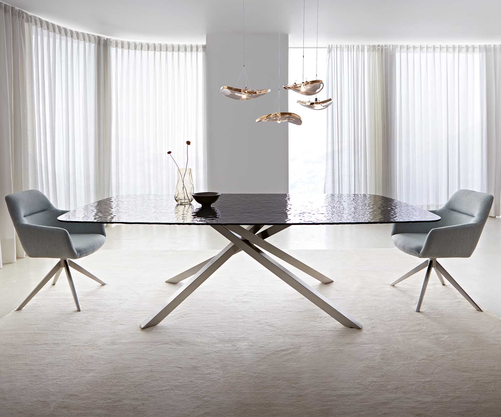 Stół do jadalni Edge kształt beczki 240x120cm szkło reliefowe czarne efekt 3D rama Cross stal nierdzewna