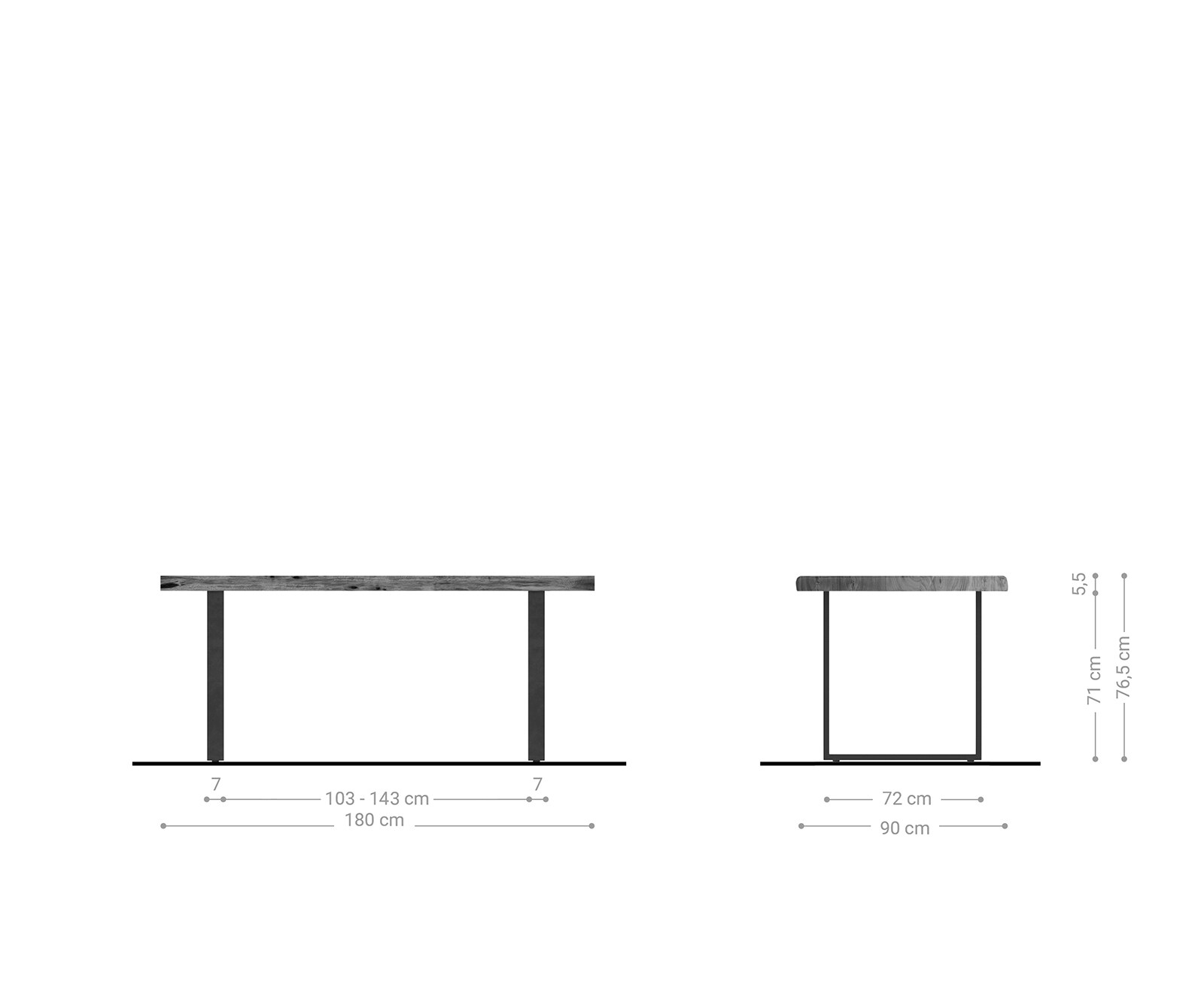 Stół do jadalni Edge 180x90cm XL akacja naturalna metal wąska rama czarne live-edge 5
