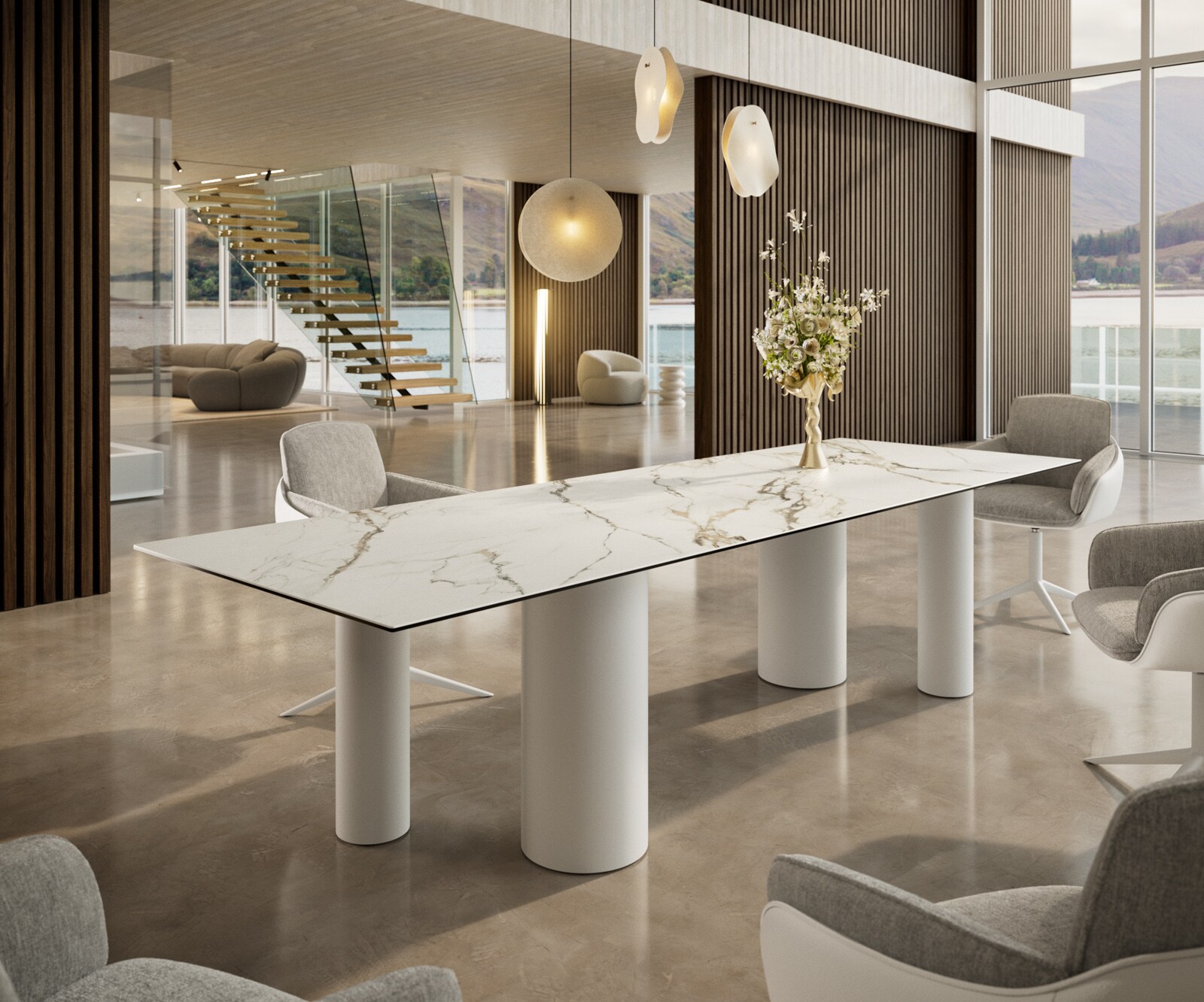 Stół do jadalni Edge 300x100cm ceramika Calacatta Luxe biało-złoto-szary rama Pilier metal biały 1