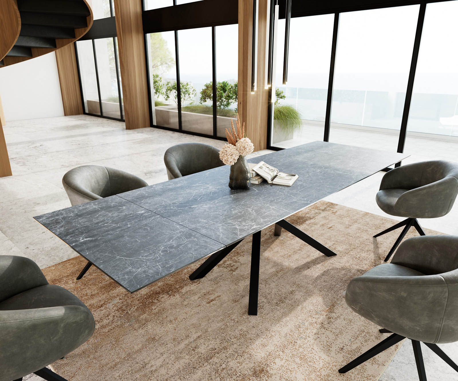 Stół do jadalni Edge 200-300x100 cm ceramika Laminam® Nero Greco antracyt rama Cross czarna rozkładany