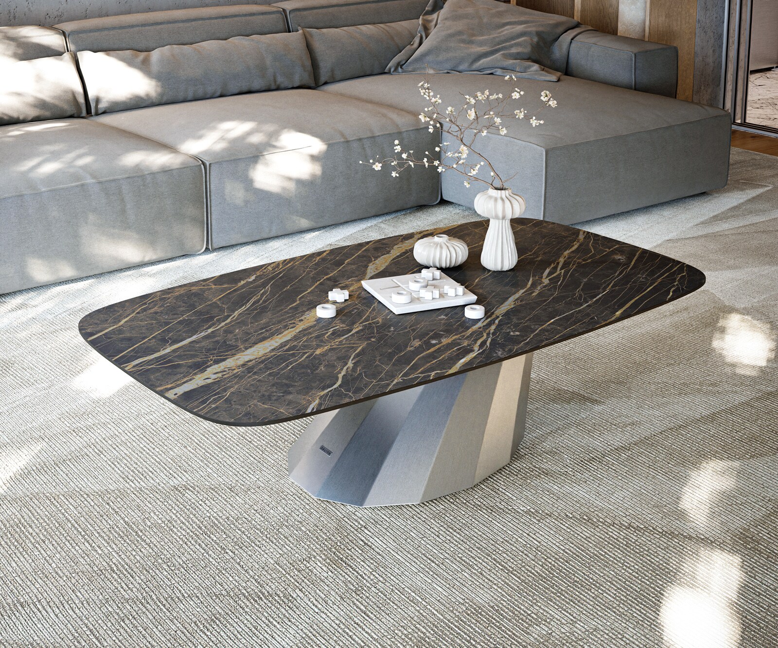 Stolik kawowy Edge w kształcie beczki 140x80 cm ceramika Laminam® Noir Desir brązowy Parabi stal nierdzewna szczotkowana 2