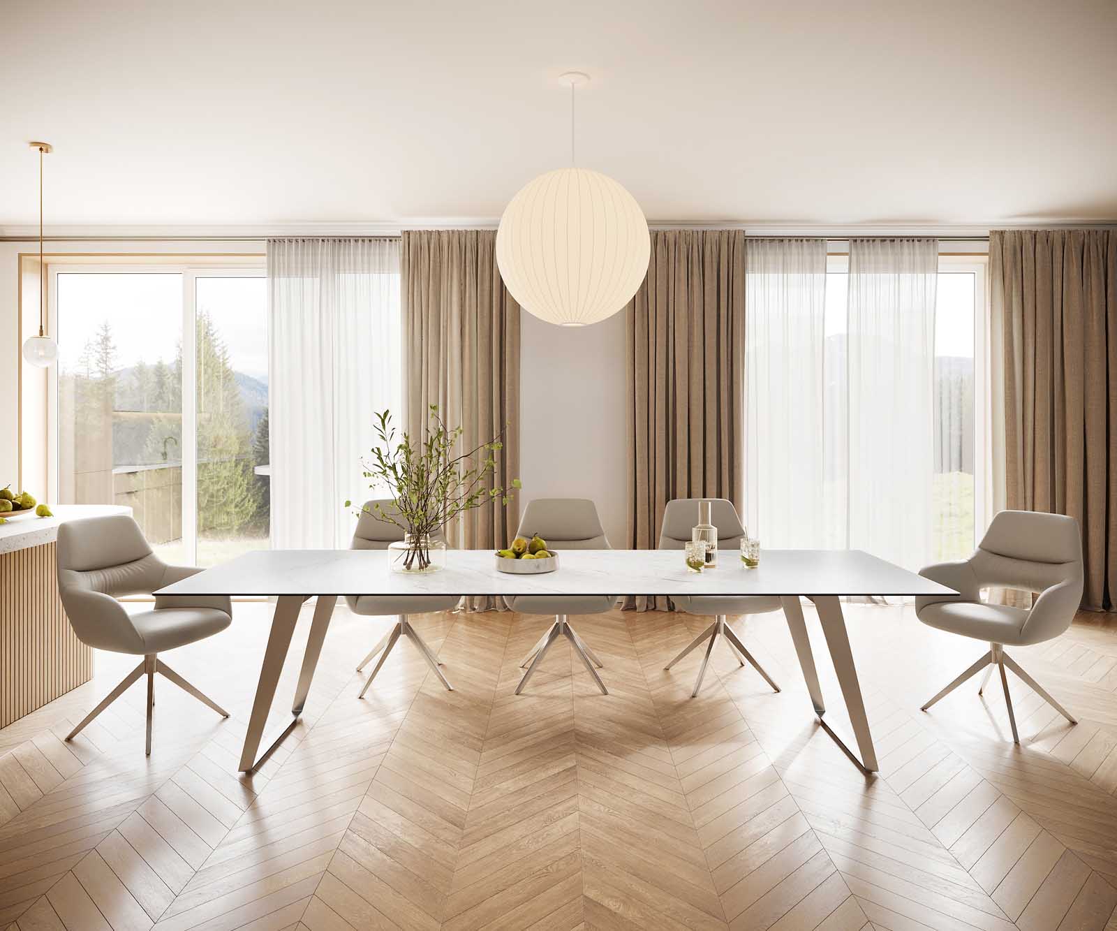 Stół do jadalni Edge 300x100cm ceramika Laminam® Statuarietto biały stal nierdzewna pochylona rama 1