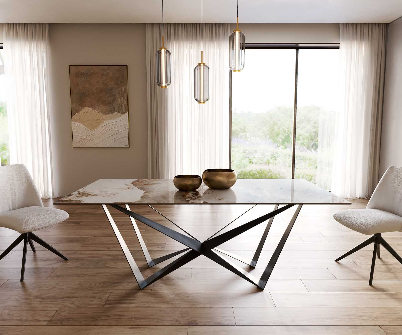 Stół do jadalni Edge 200x100 cm ceramika Minas Melange biało-beżowy rama Spider metal czarna 1