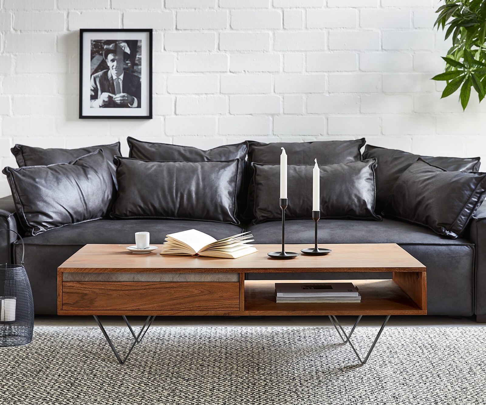 Stolik kawowy Stonegrace 115x60 cm akacja brązowa łupek 2 szuflady 1 przegroda nóżki V czarne 1