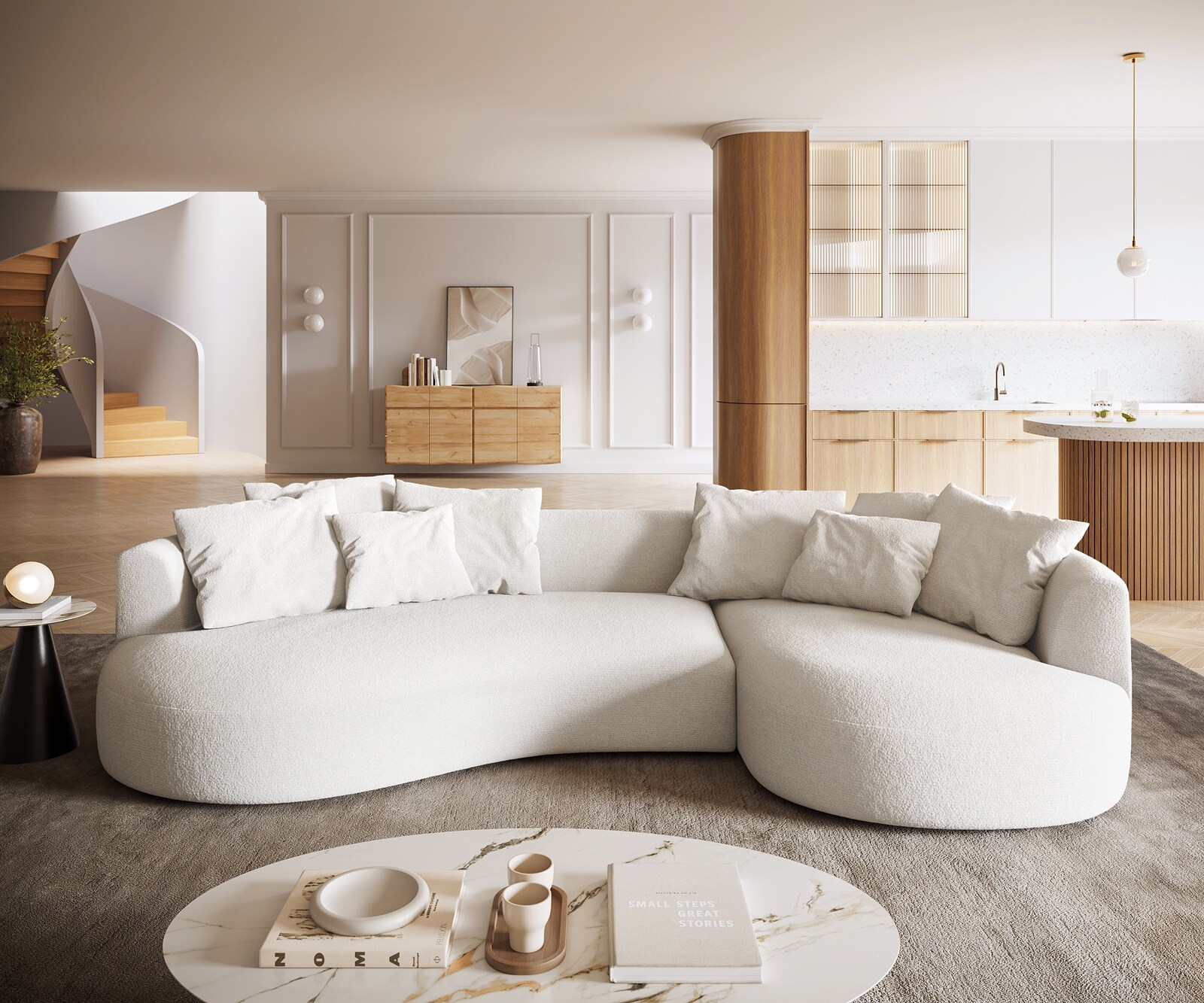 Duża Sofa Edina 330x170 cm miękka tkanina bouclé beżowa 1