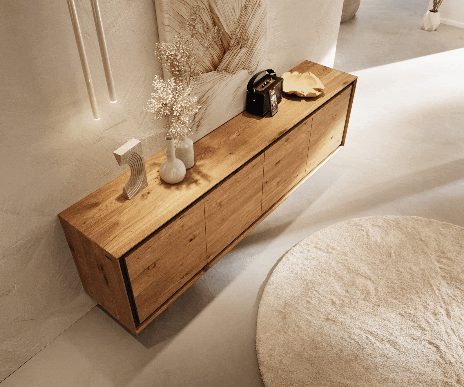 Komoda Stonegrace 200 cm dąb naturalny 4 drzwi fornir kamienny podwieszana 3