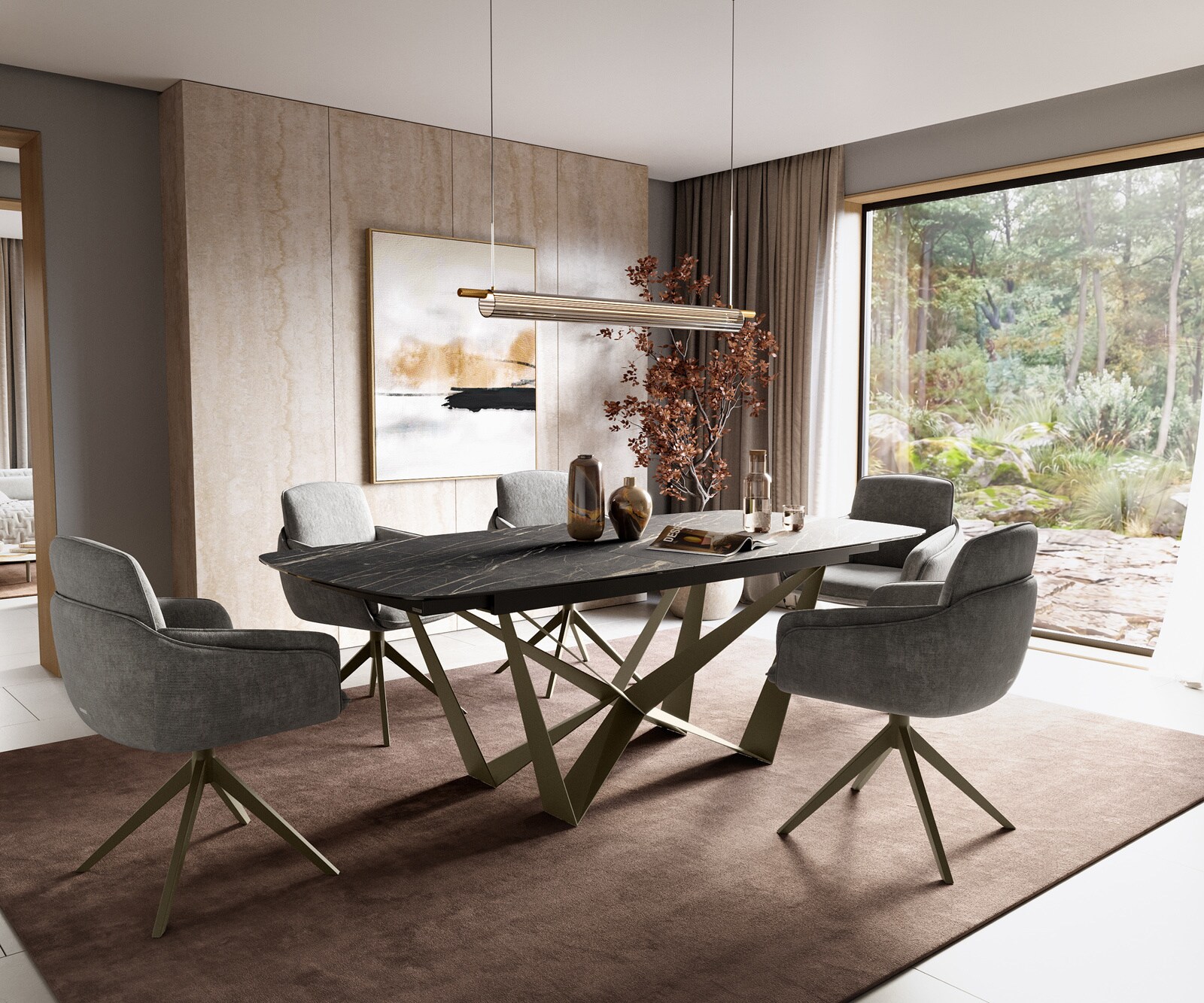 Stół do jadalni Edge w kształcie beczki 180-220x100 cm Laminam® ceramika Noir Desir Braun rama Spider metal kolor tytanowy rozkładany 6