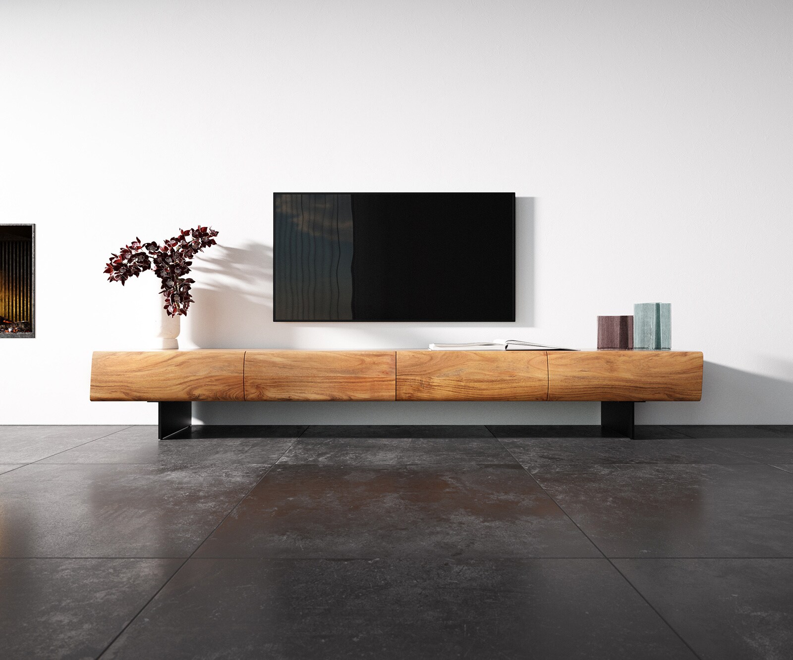 Szafka RTV New Live-Edge 240 cm akacja naturalna 4 szuflady nóżki wąskie czarny metal 3
