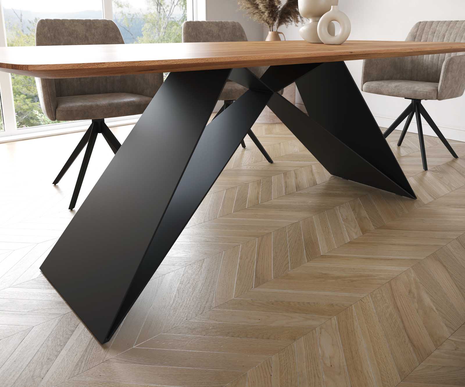 Stół do jadalni Edge kształt beczki 200x100cm akacja naturalna rama V metal czarna krawędź szwajcarska 6
