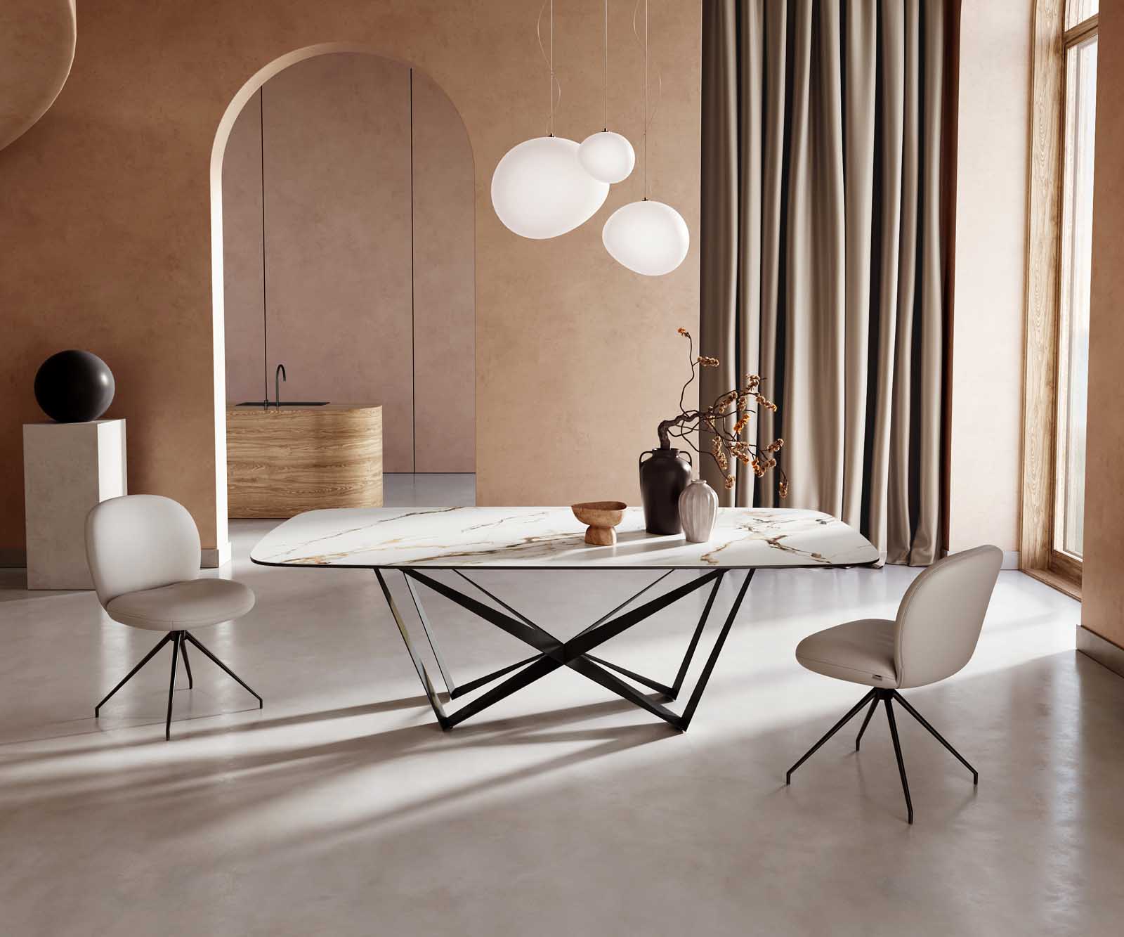 Stół do jadalni Edge kształt beczki 240x120cm ceramika Calacatta Luxe biało-złoto-szary rama Spider metal czarna