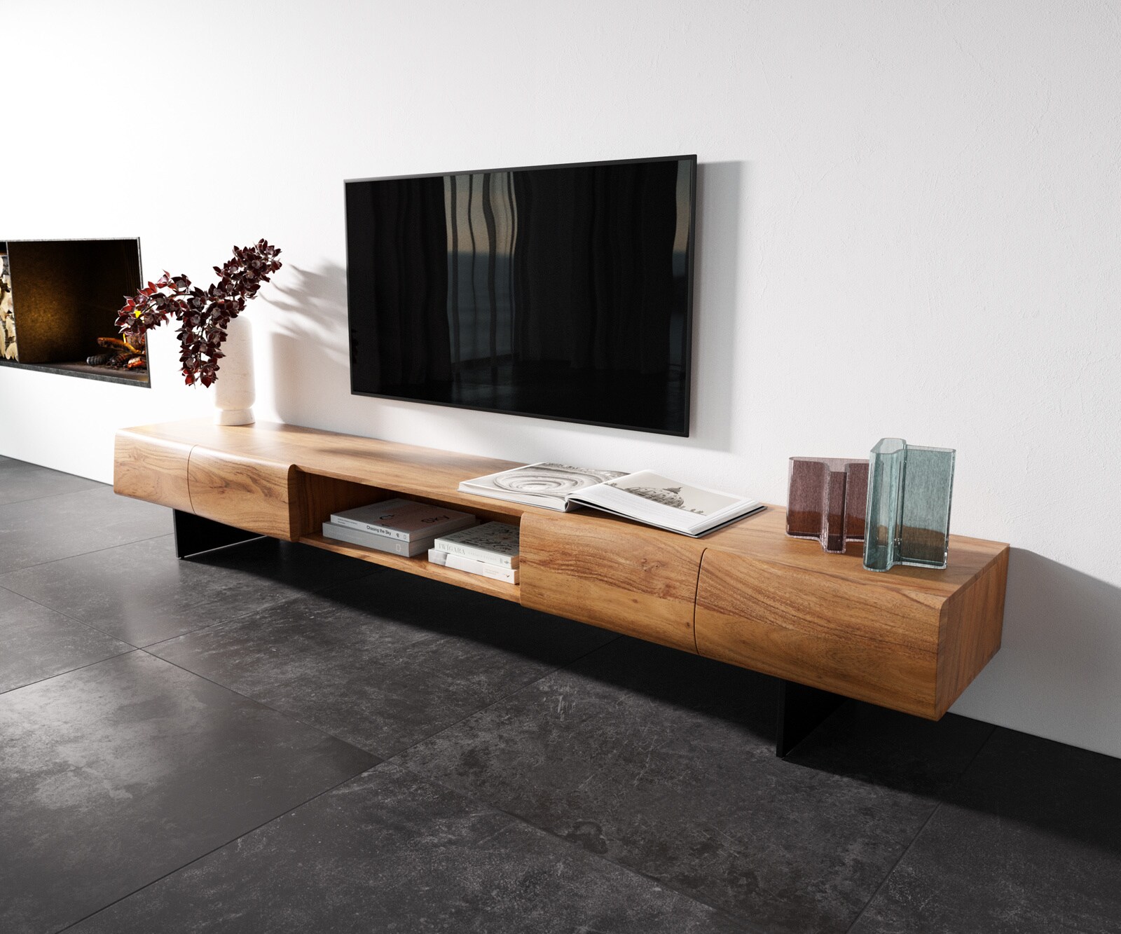 Szafka RTV New Live-Edge 240 cm akacja naturalna 4 drzwi 1 przegroda nóżki wąskie czarny metal