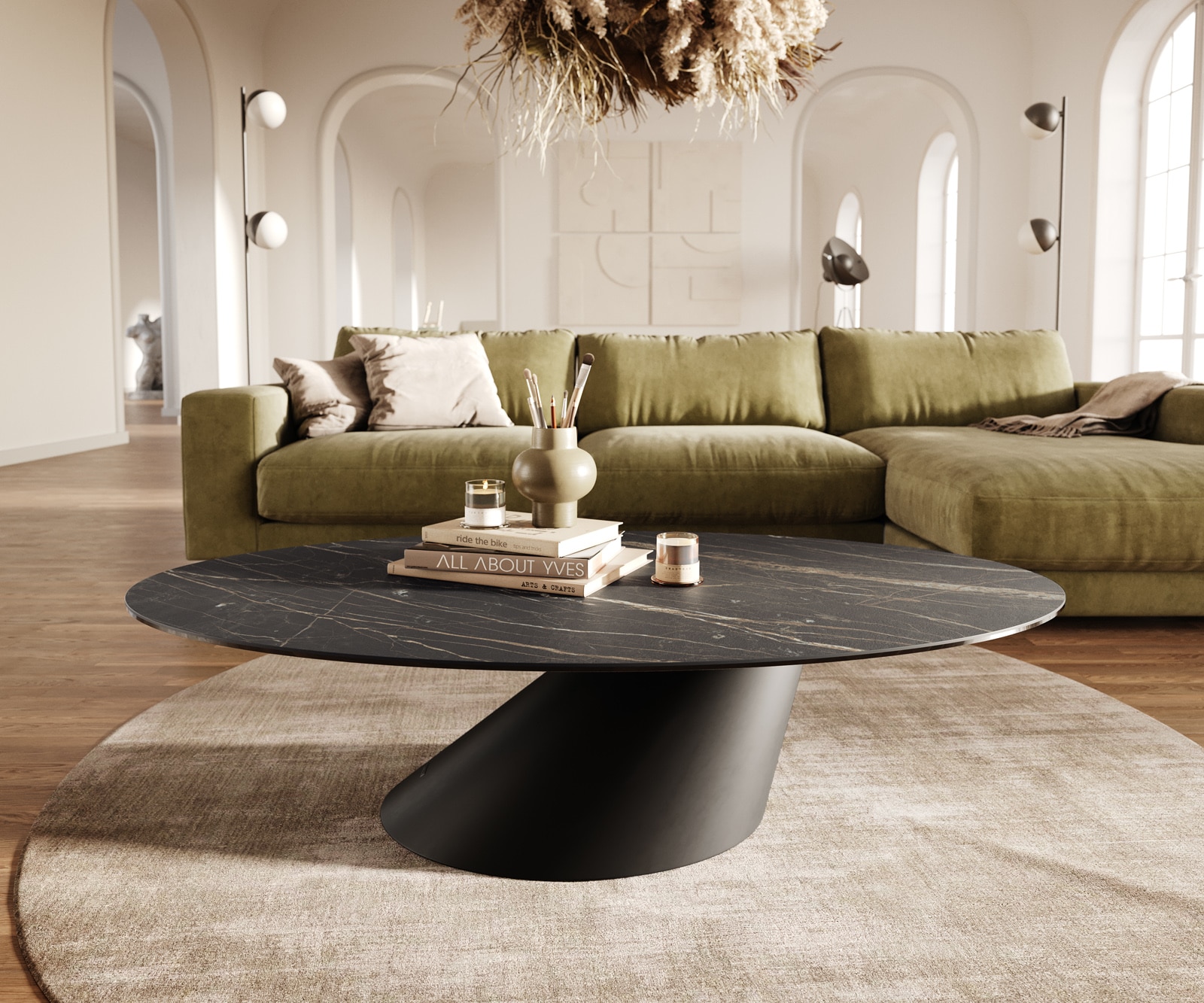 Stolik kawowy Edge owalny 140x80 cm ceramika Laminam® Noir Desir brązowa podstawa Conis metal czarny 2