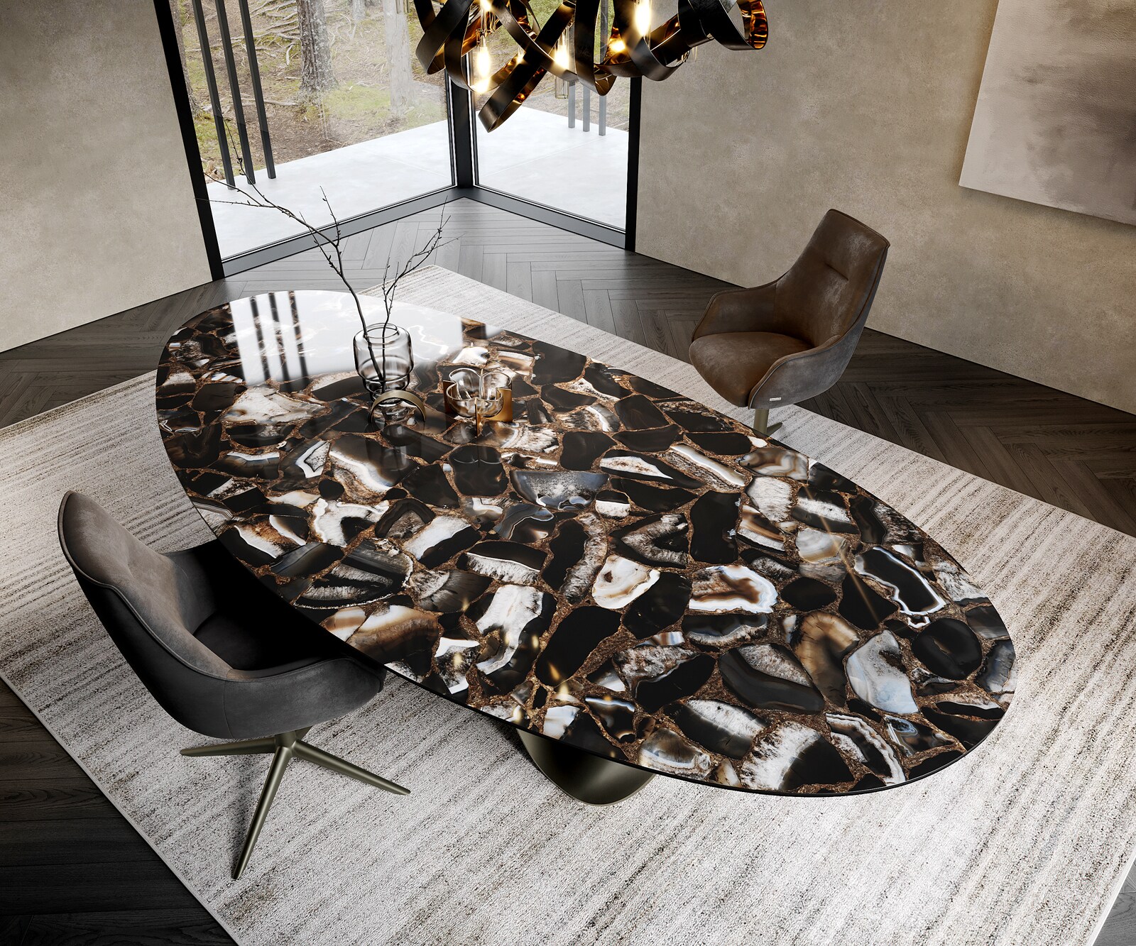 Stół do jadalni Edge owalny 280x130 cm ceramika Iris FMG Agatablack rama Infinity metal w kolorze tytanowym 2