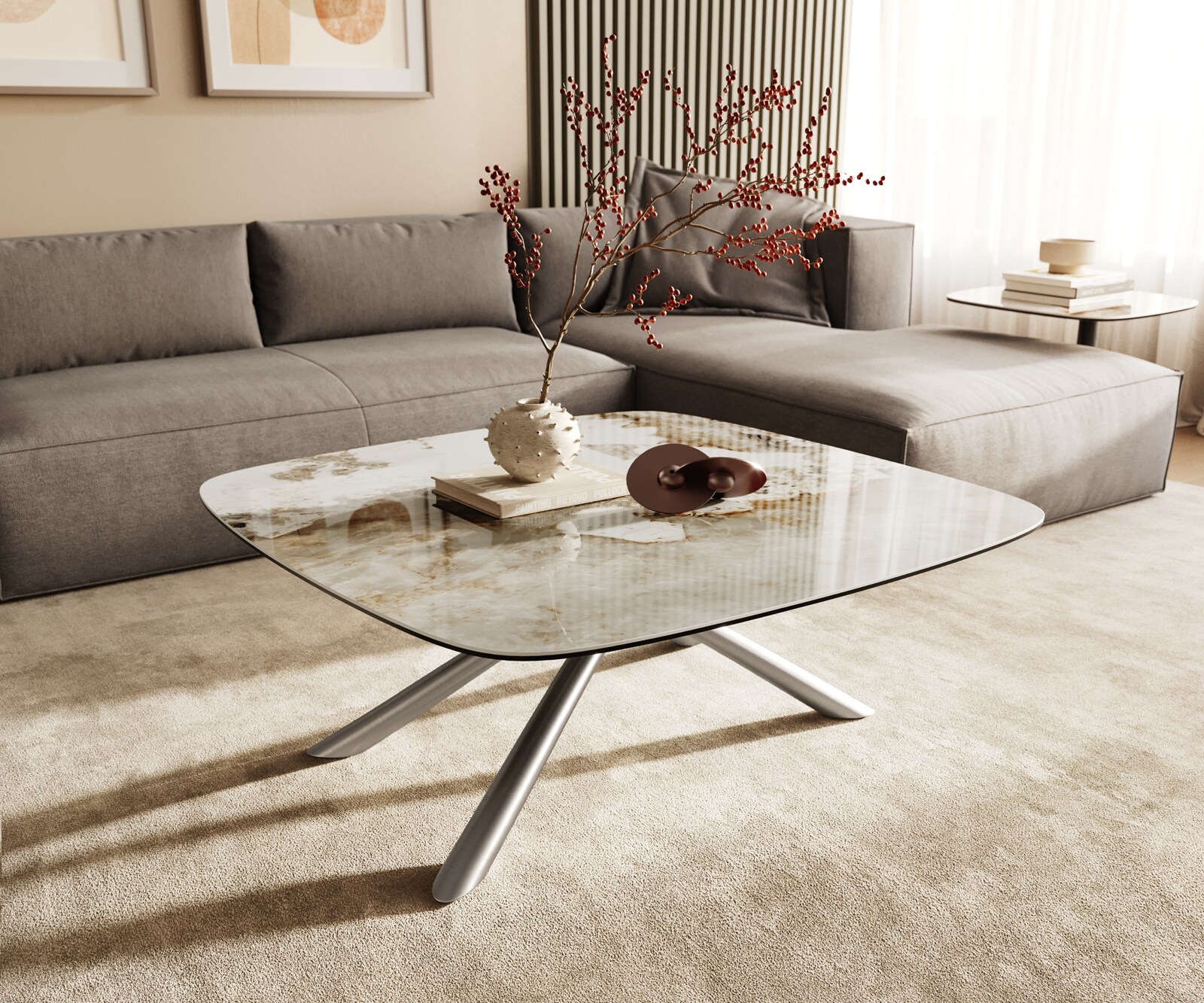 Stolik kawowy Edge w kształcie beczki 90x90 cm ceramika Minas Melange Sarity stal nierdzewna szczotkowana 1