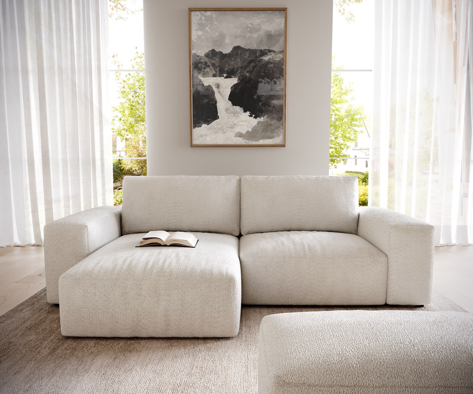 Sofa narożna Lanzo L 260x160 cm bouclé kremowo-biały szezlong z możliwością obustronnego montażu z pufem 1