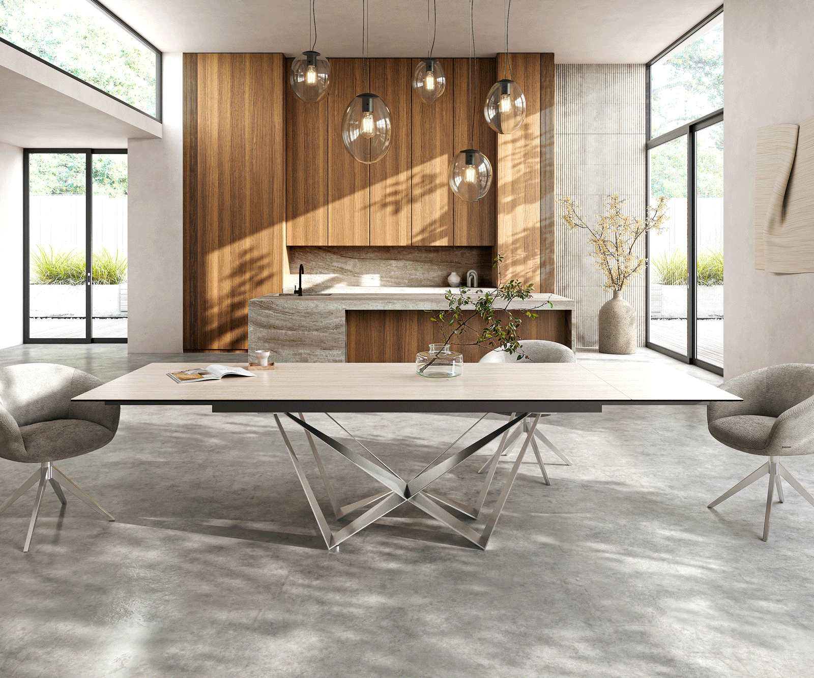Stół do jadalni Edge 200-300x100cm ceramika Laminam® Travertino Bianco kremowo-biały rama Spider stal nierdzewna rozkładany 1