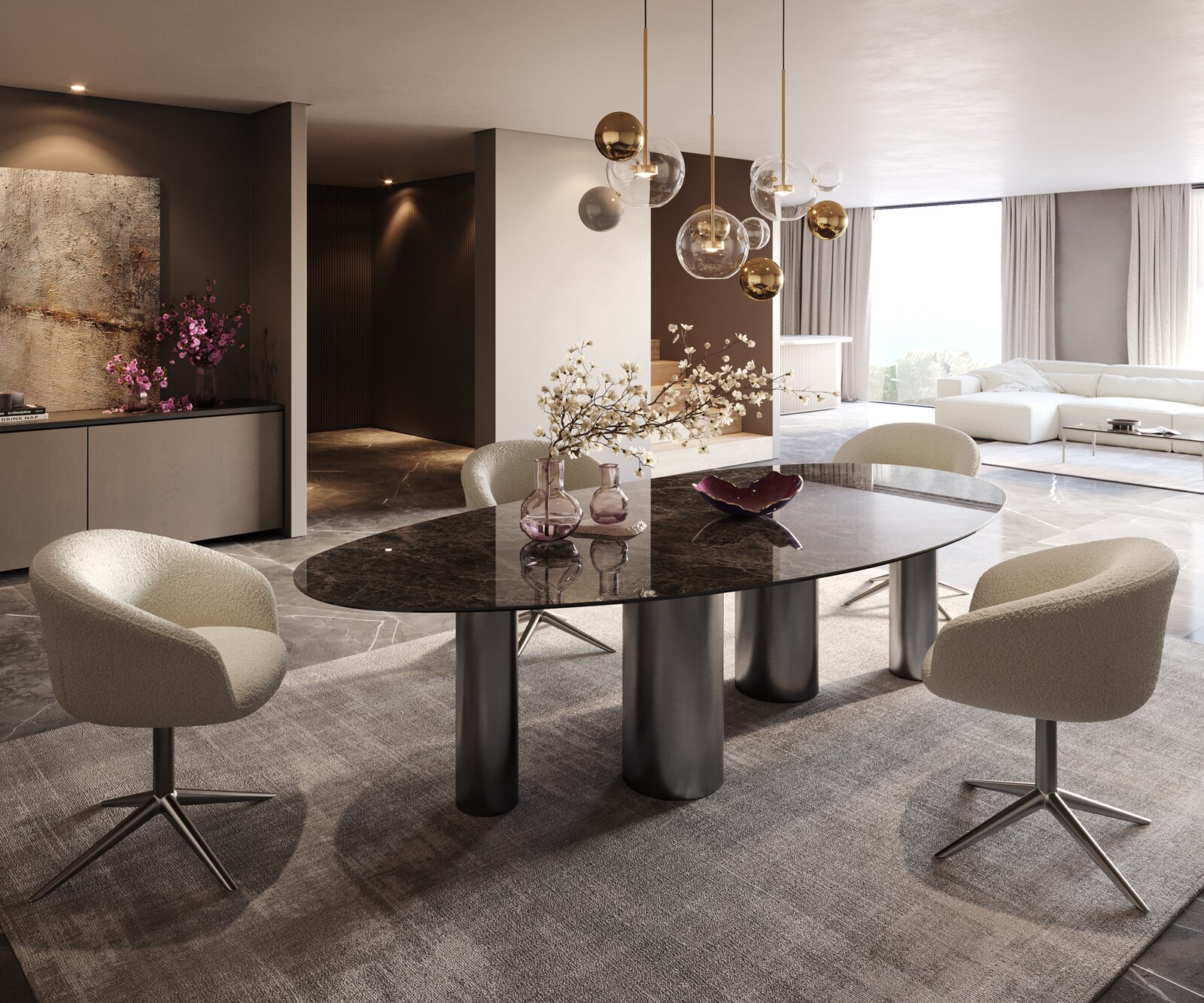 Stół do jadalni Edge owalny 280x130cm ceramika Emperador Extra Lucidato ciemnobrązowy rama Pilier stal nierdzewna grafit 7