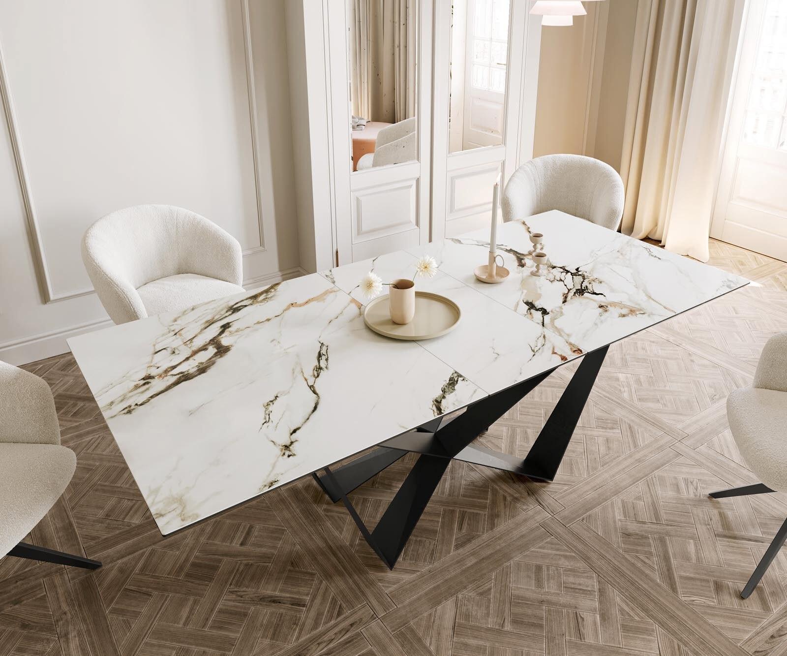 Stół do jadalni Edge 180-220x100 cm ceramika Calacatta Luxe biało-złoto-szary rama Spider metal czarna rozkładany 4