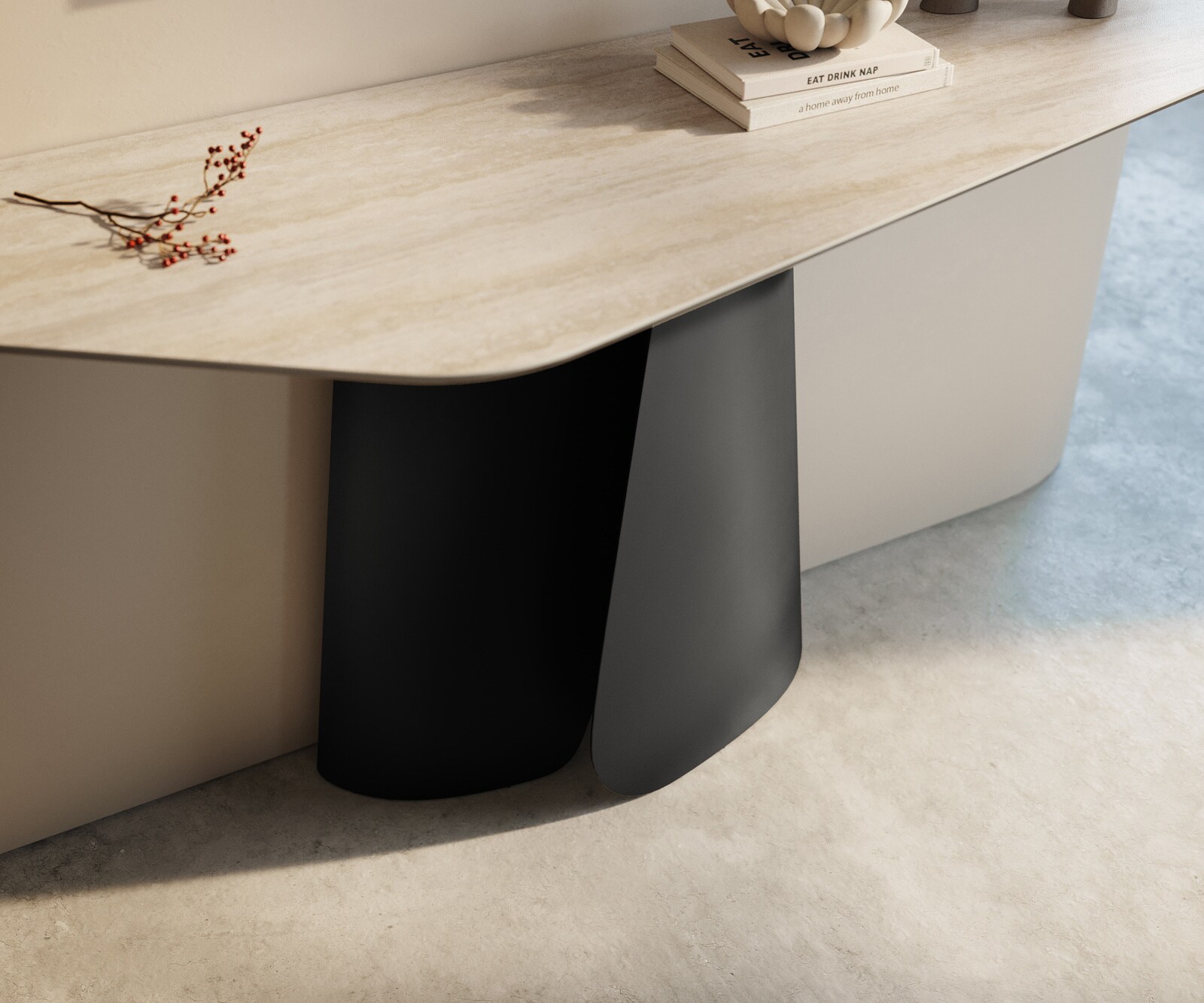 Konsola Edge wielokątna 140x50 cm ceramika Laminam® Travertino Bianco kremowo-biały podstawa Livos metal czarny 6