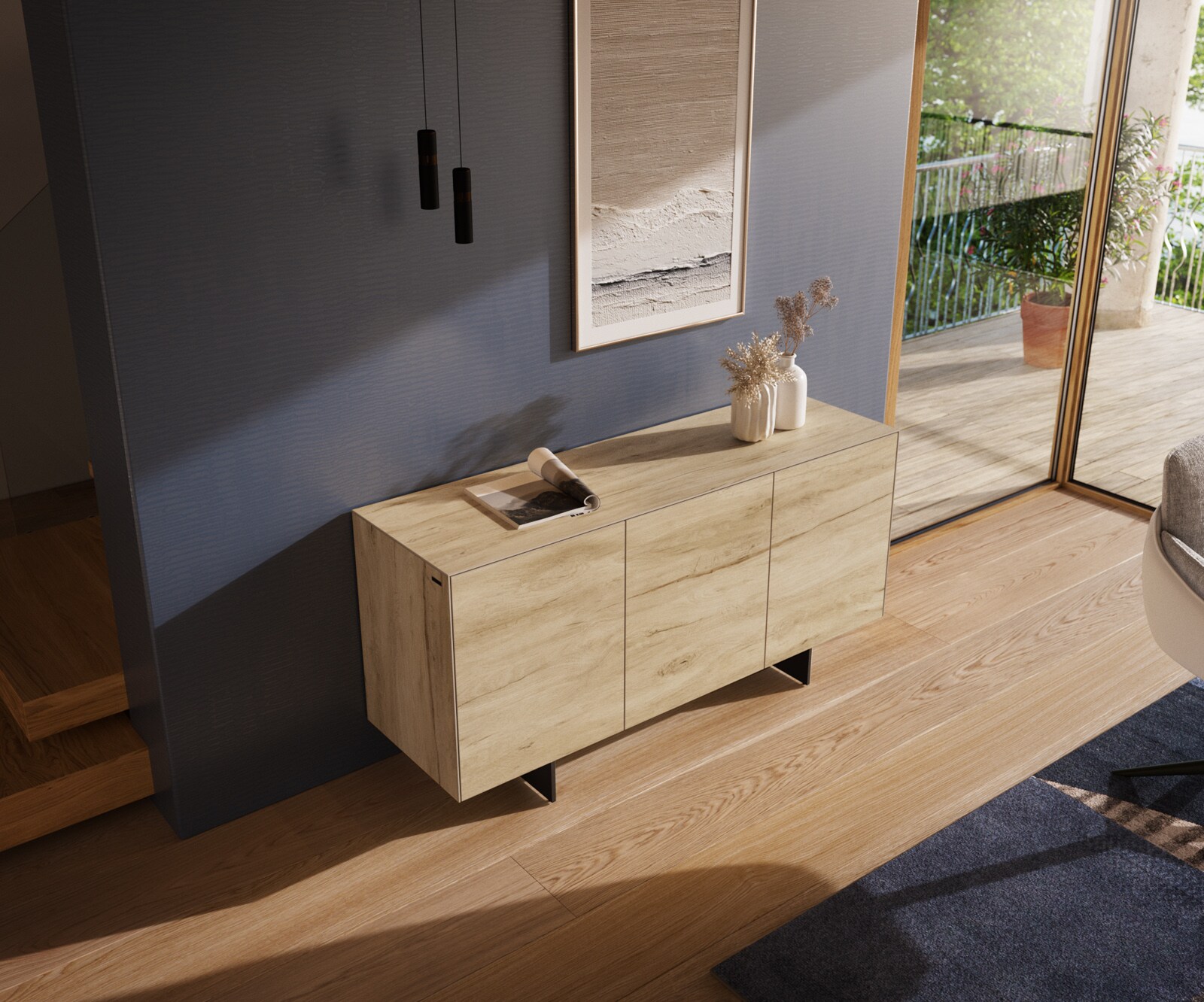 Komoda Cuor 150 cm ceramika Laminam® Sabbia (kolor dębu) 3 drzwi nóżki wąskie czarny metal 4