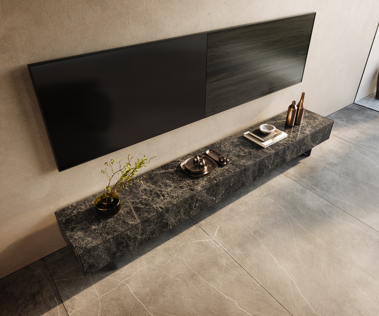 Szafka RTV Cuor 250 cm ceramika Emperador Extra Lucidato ciemnobrązowa 1 klapa 1 szuflada nóżki wąskie czarny metal 4