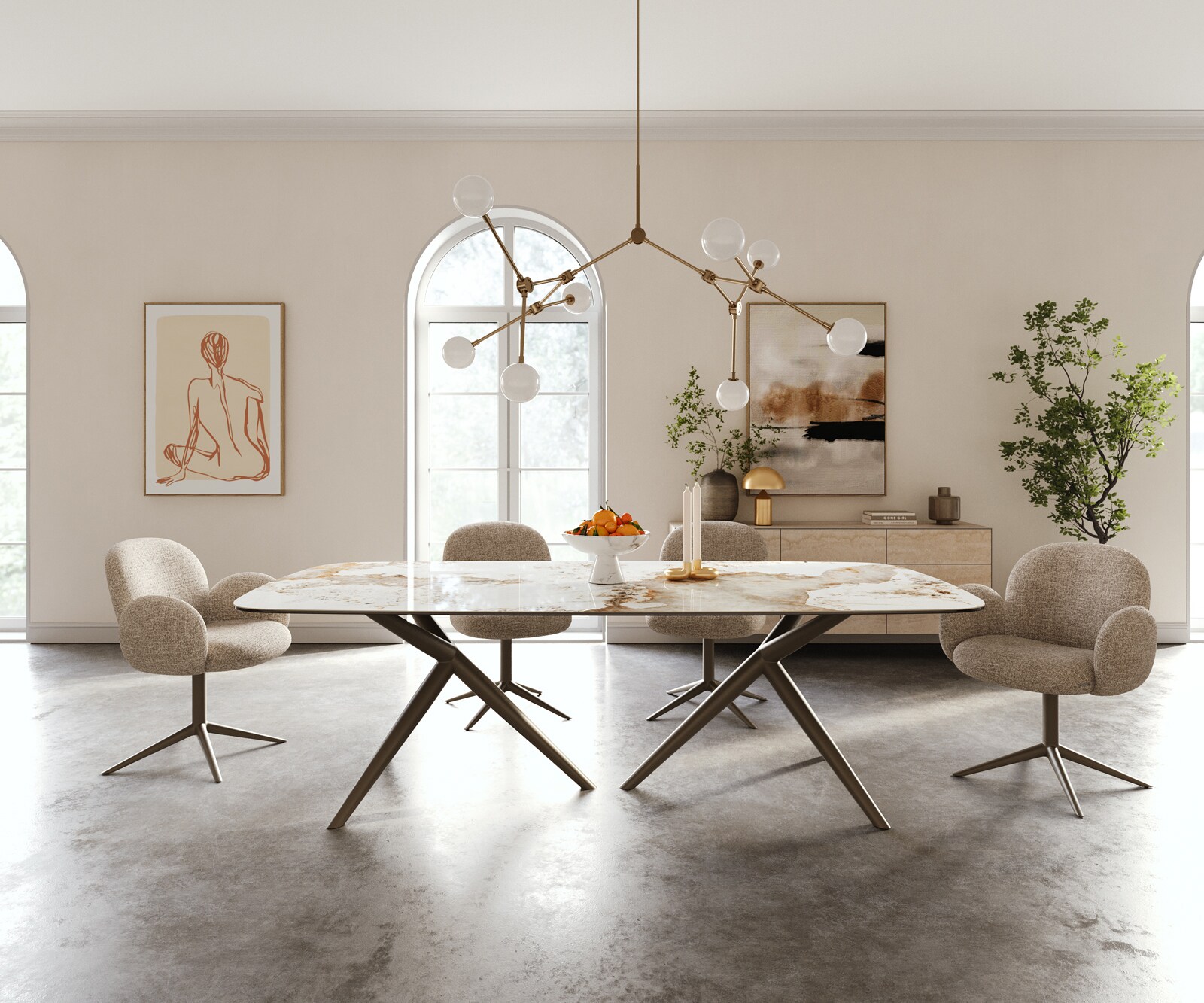 Stół do jadalni Edge w kształcie beczki 240x120 cm ceramika Minas Melange biało-beżowa rama Estelar metal w kolorze tytanu 1