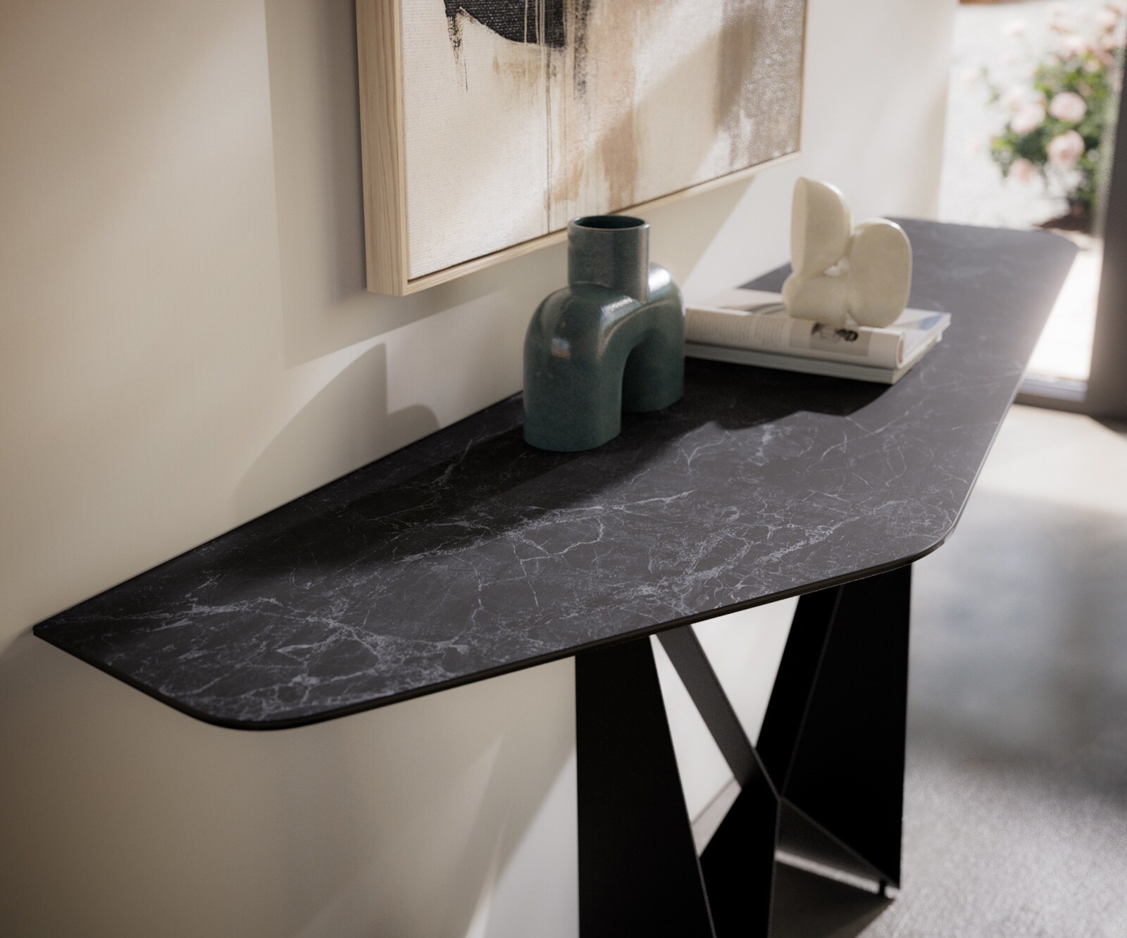 Konsola Edge wielokątna 180x50 cm ceramika Laminam® Nero Greco antracytowa podstawa Spios metal czarny 4
