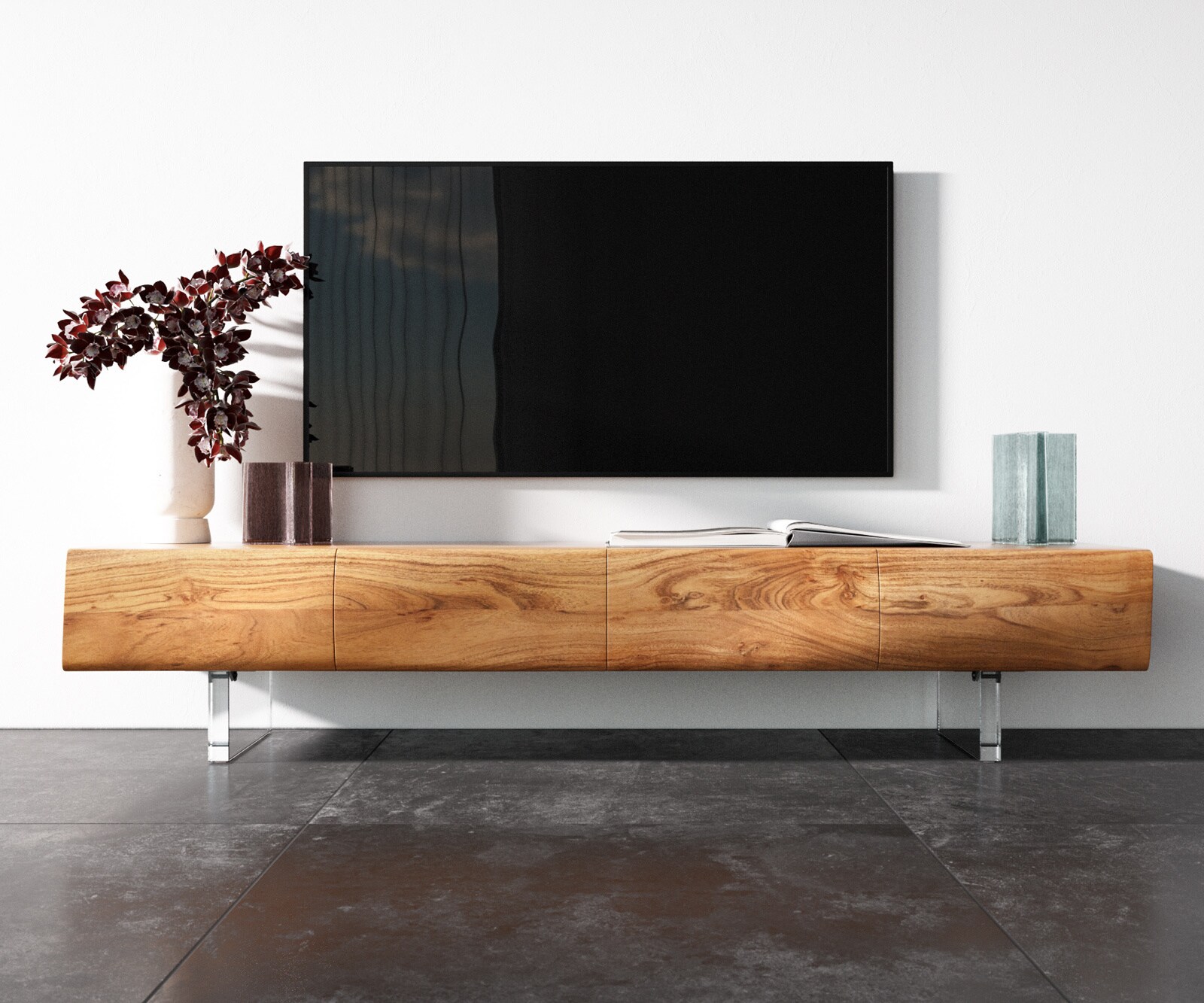 Szafka RTV New Live-Edge 175 cm akacja naturalna 4 drzwi nóżki akrylowe 3