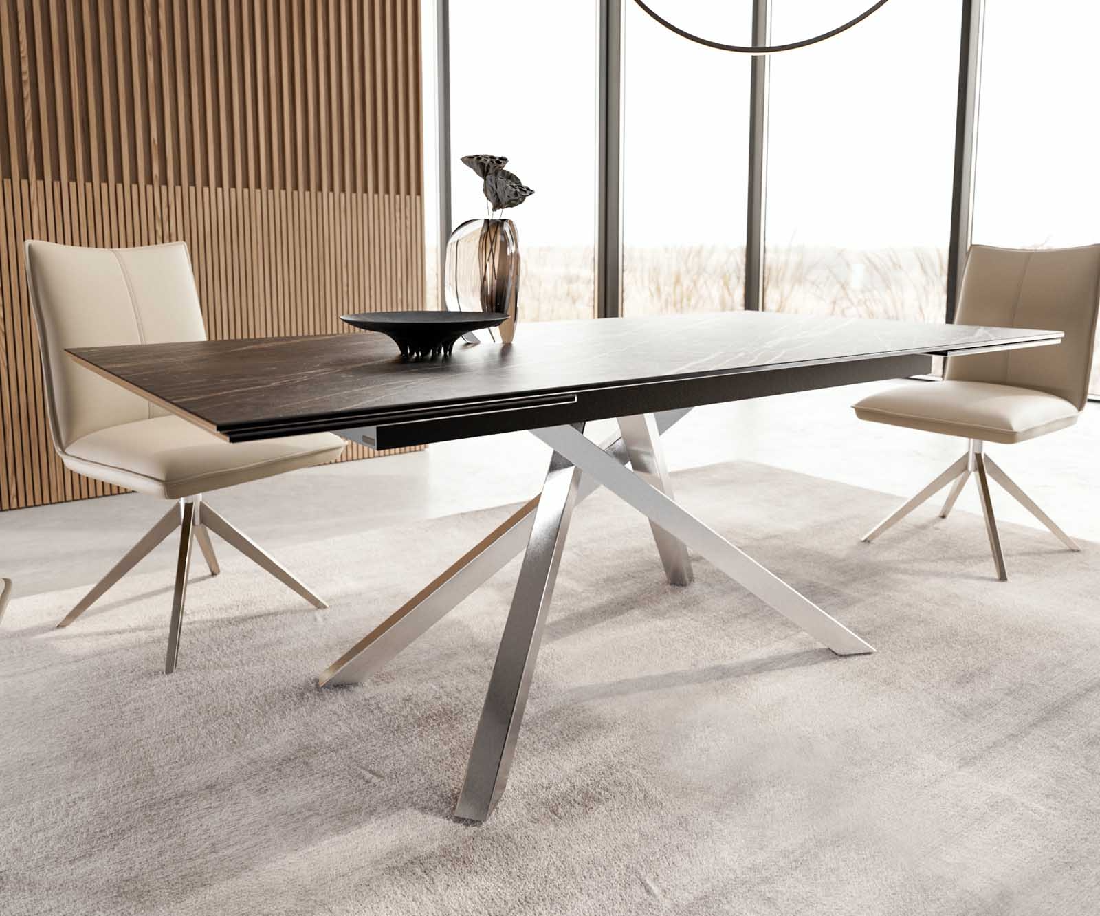 Stół do jadalni Edge 200-300x100 cm ceramika Laminam® Noir Desir brązowy rama Cross stal nierdzewna rozkładany 5