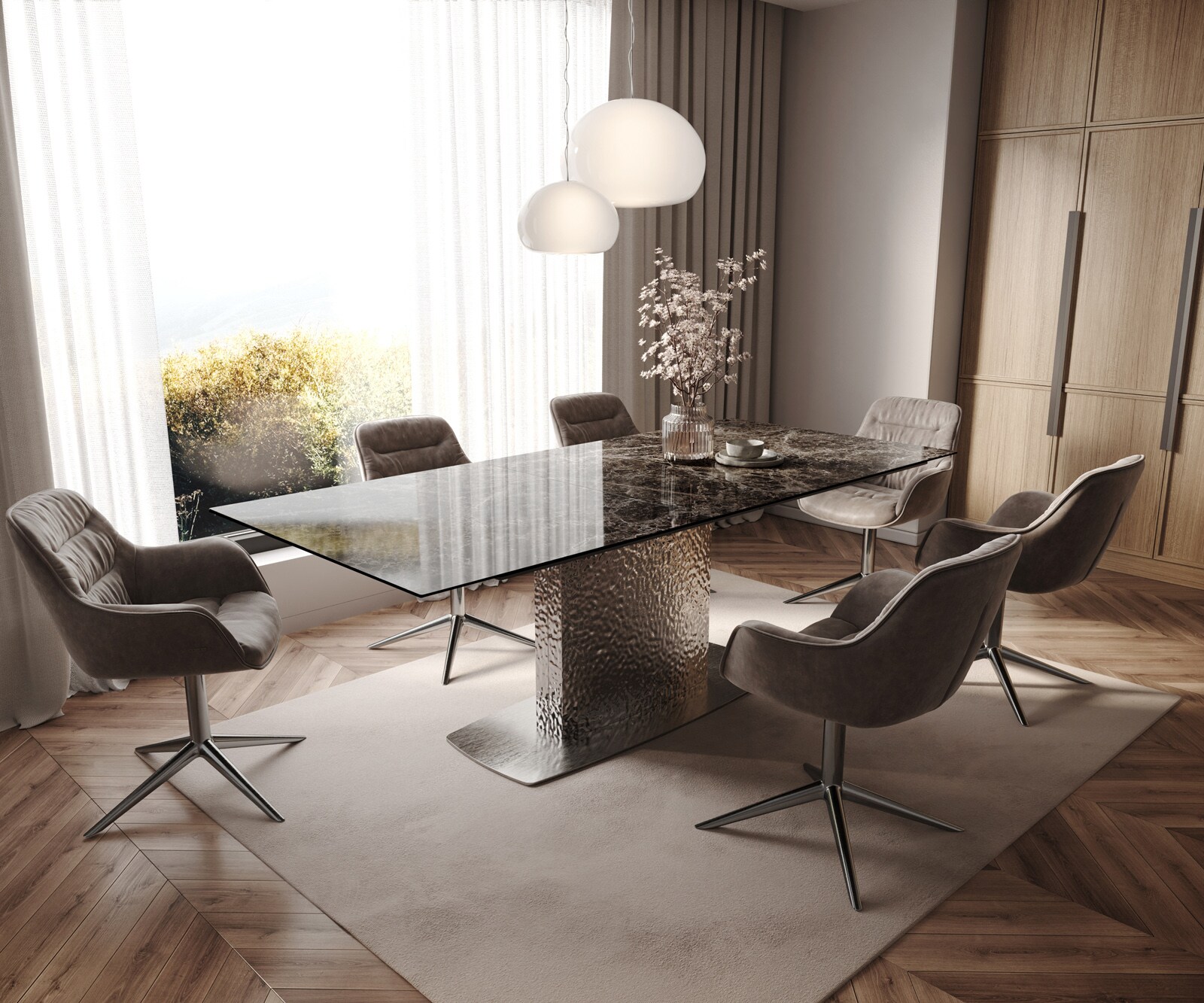 Stół do jadalni Edge 180-220x100cm ceramika Laminam® Emperador Extra Lucidato ciemnobrązowy rama Wave stal nierdzewna rozkładany 6