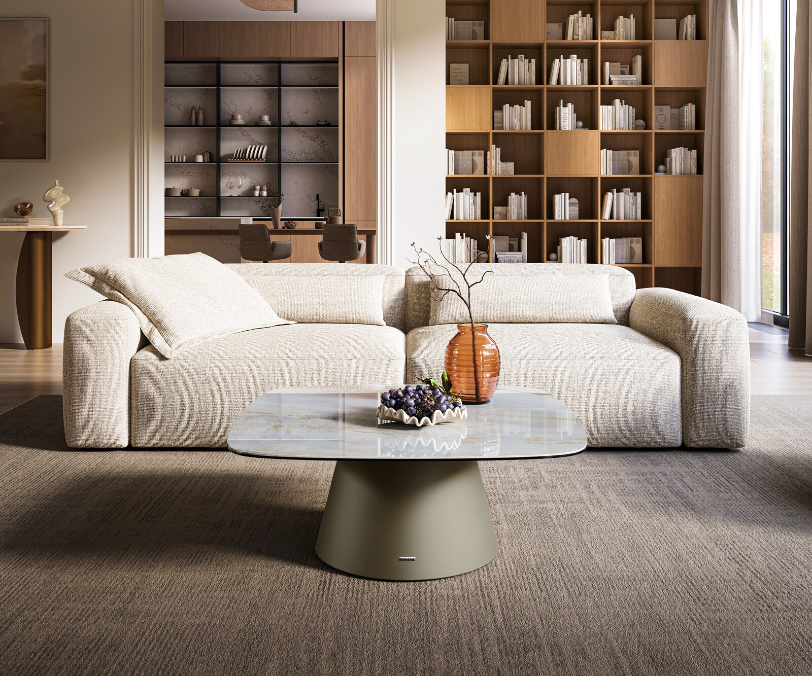 Stolik kawowy Edge w kształcie beczki 90x90 cm ceramika Onyx Pearl podstawa Borna metal w kolorze tytanu 2