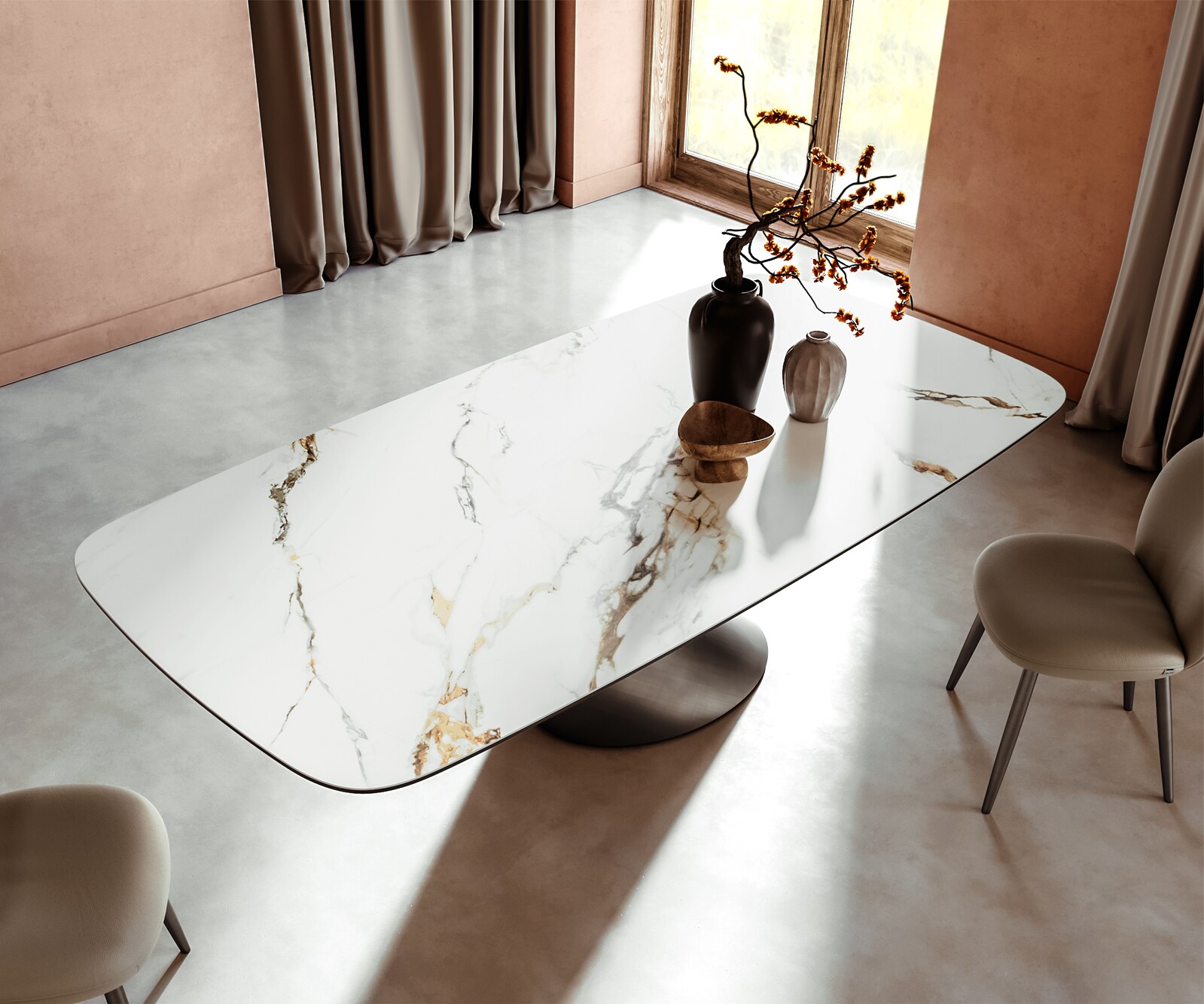Stół do jadalni Edge kształt beczki 240x120cm ceramika Calacatta Luxe biało-złoto-szary rama Cono metaliczny srebrny 3