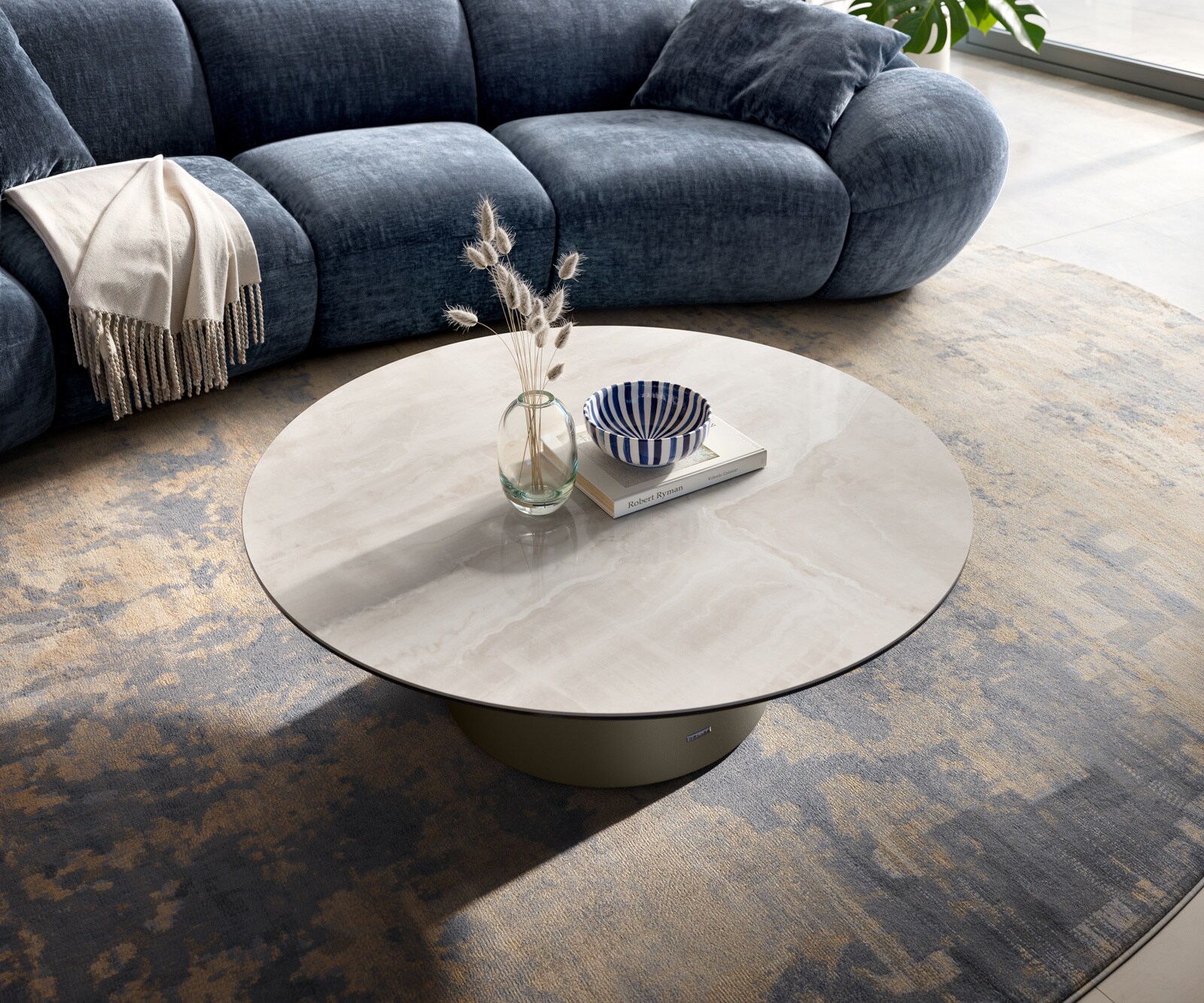 Stolik kawowy Edge okrągły 100x100 cm ceramika Onyx Champagne podstawa Borna w kolorze tytanu 4