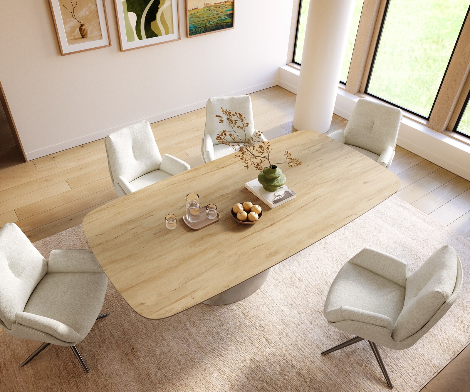 Stół do jadalni Edge w kształcie beczki 240x120 cm ceramika Laminam® Sabbia w kolorze dębu rama Cono metaliczny srebrny 3