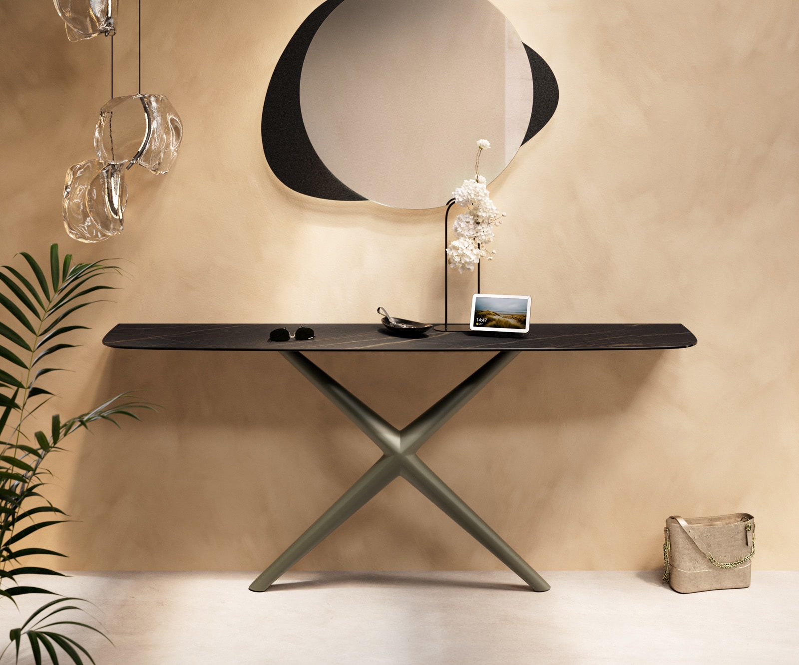 Konsola Edge w kształcie beczki 180x40 cm Laminam® Noir Desir brązowa rama Estelo metal w kolorze tytanu 1