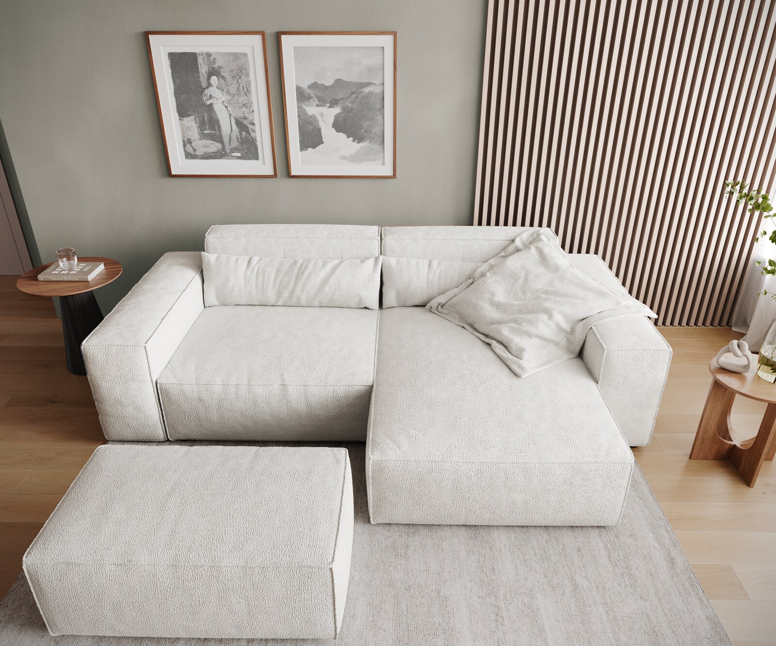 Sofa narożna Sirpio L 250x155 cm bouclé kremowo-biały szezlong z możliwością obustronnego montażu z pufem 5
