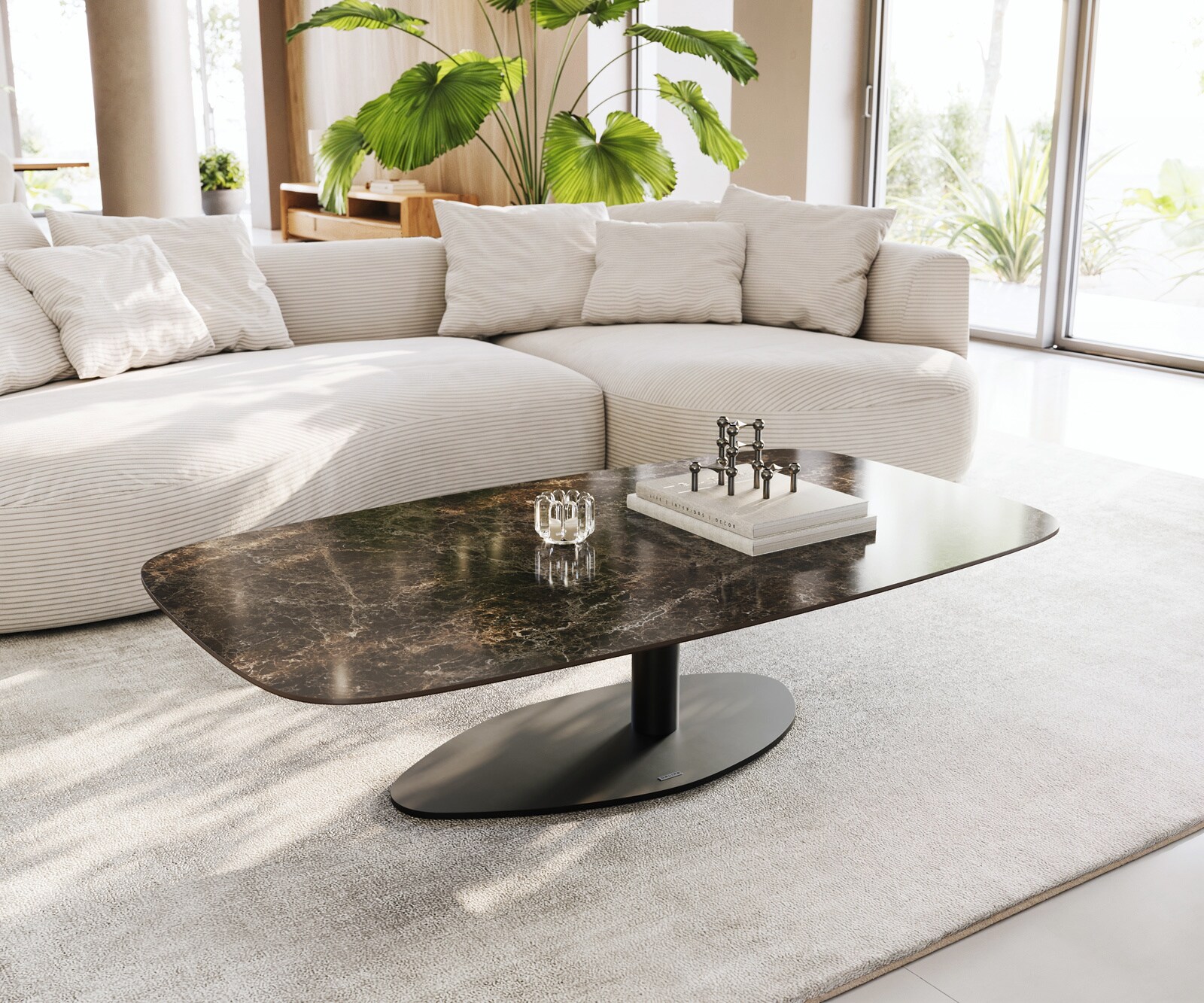 Stolik kawowy Edge w kształcie beczki 140x80 cm ceramika Laminam® Emperador Extra Lucidato ciemnobrązowy Vibany czarny metal 1
