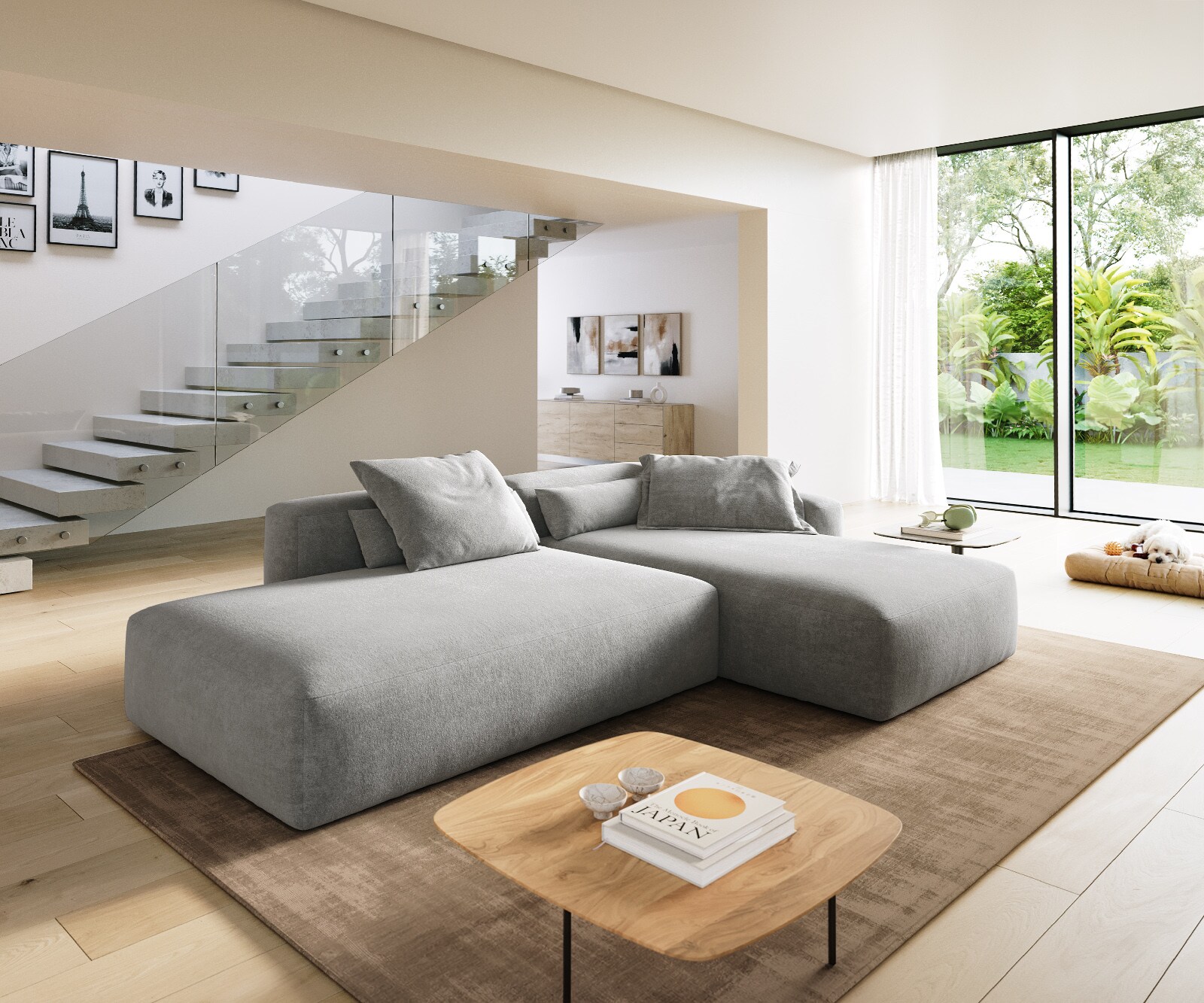 Sofa narożna Freestyle 310x200 cm miękka tkanina strukturalna szara szew płaski 1
