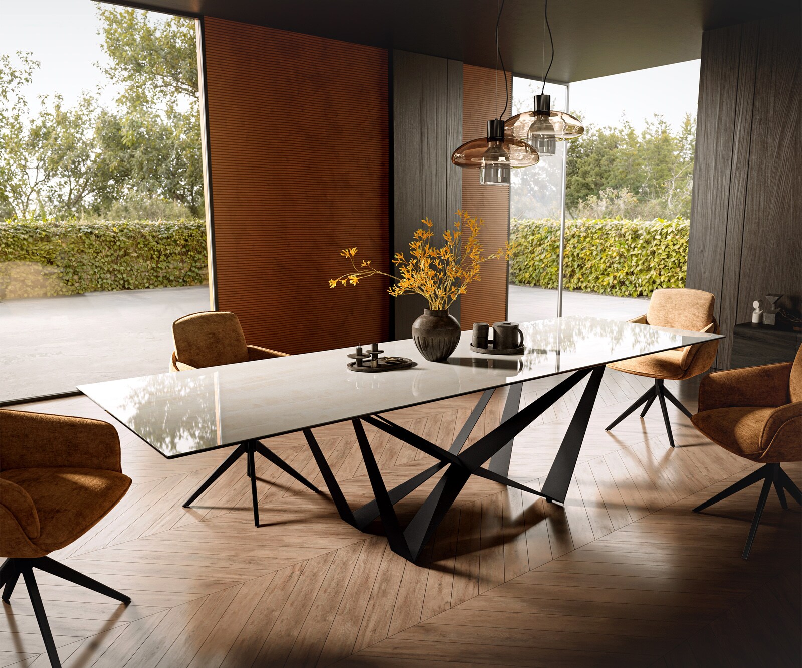 Stół do jadalni Edge 300x100 cm ceramika Onyx Champagne rama Spider metal czarny 1