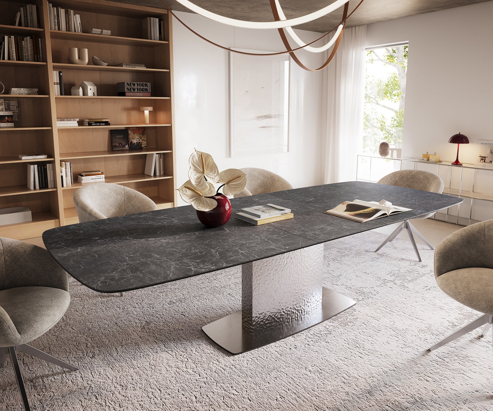 Stół do jadalni Edge w kształcie beczki 240-300x120 cm ceramika Laminam® Nero Greco Anthrazit rama Wave stal nierdzewna rozkładany 1