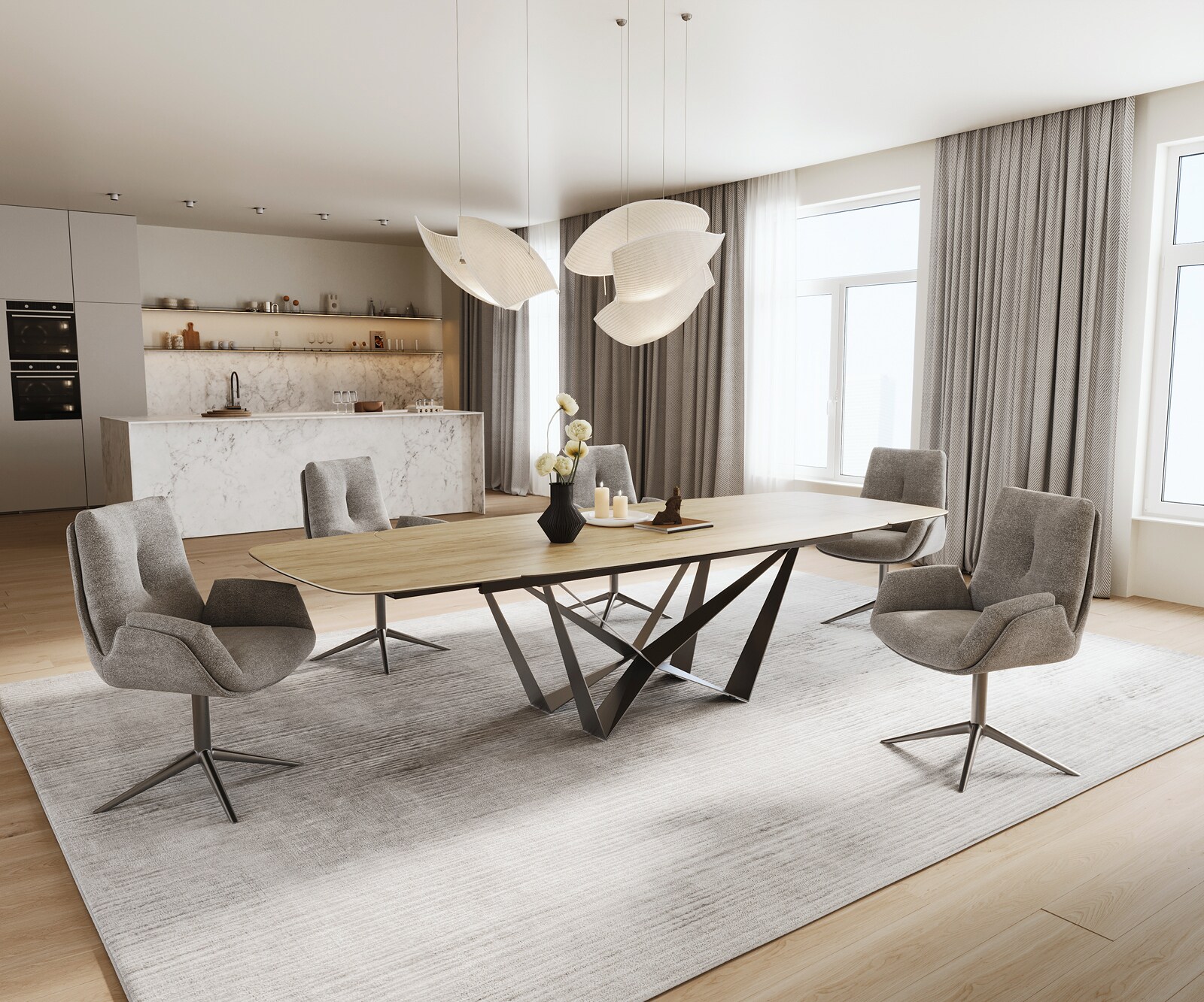 Stół do jadalni Edge w kształcie beczki 200-300x120 cm ceramika Laminam® Sabbia w kolorze dębu rama Spider stal nierdzewna kolor grafitowy rozkładany 6