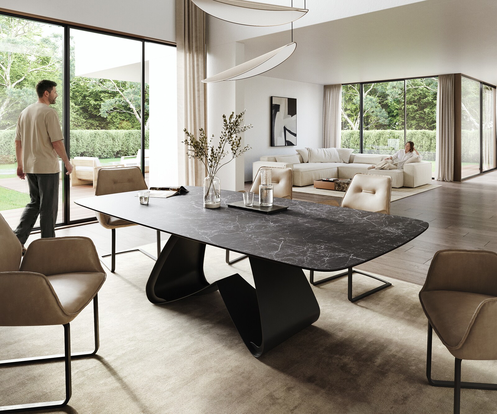 Stół do jadalni Edge w kształcie beczki 260x120 cm ceramika Laminam® Nero Greco antracytowa rama typu W metal czarny