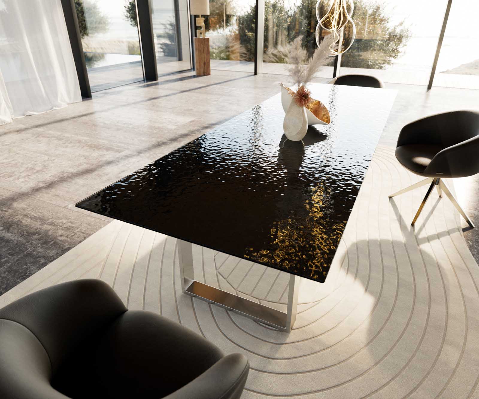 Stół do jadalni Edge 300x100cm szkło reliefowe czarne efekt 3D stal nierdzewna wąska rama 6