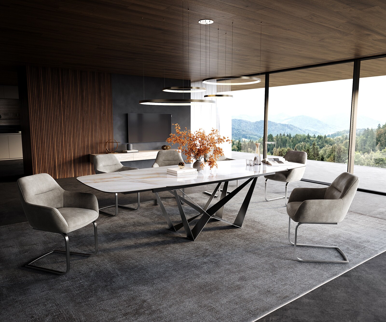Stół do jadalni Edge w kształcie beczki 200-300x120 cm ceramika Onyx Pearl rama Spider stal nierdzewna rozkładany 6